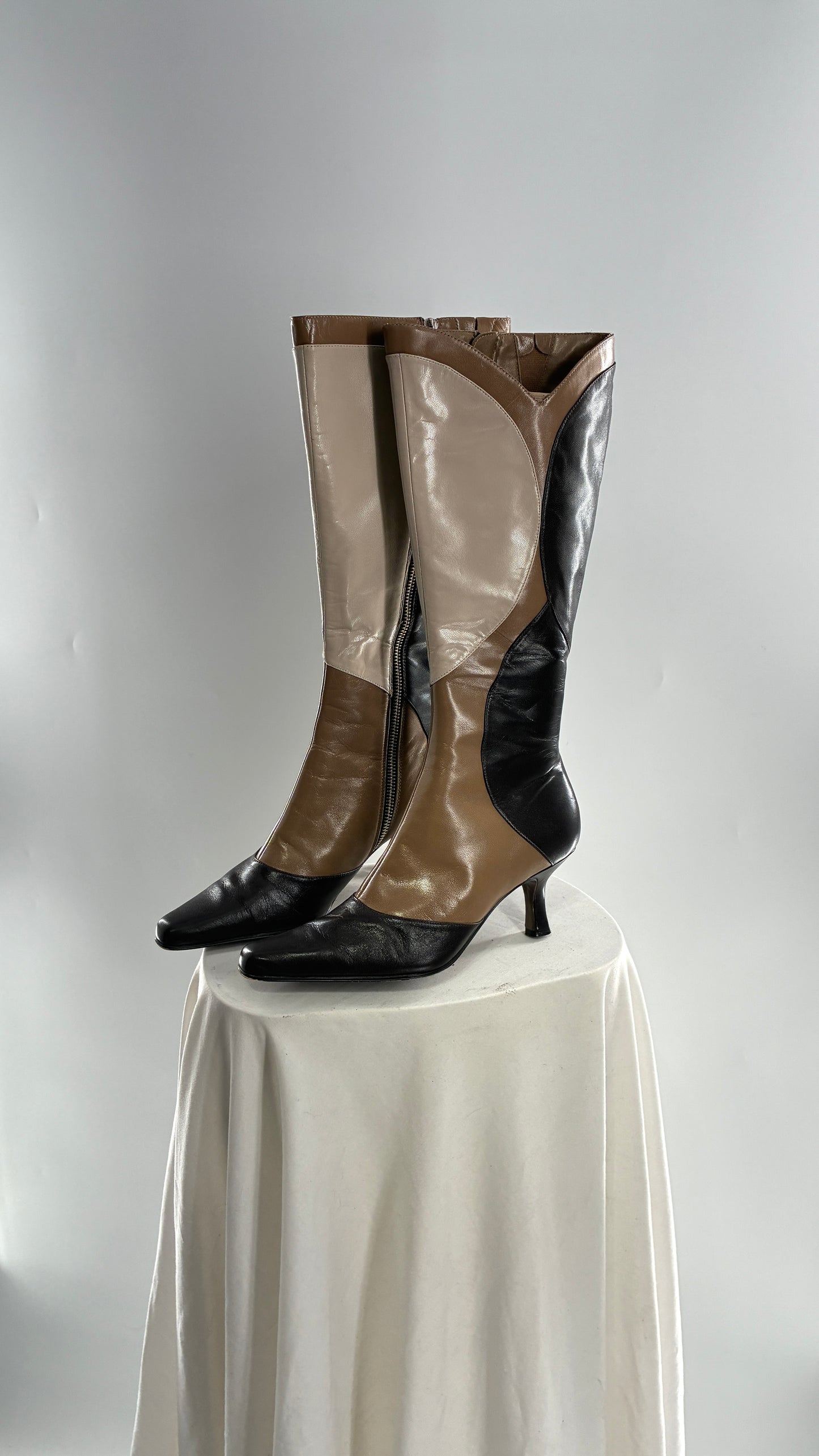 Vintage ANN MARINO Knee High Pointed Toe Abstract Patchwork Boots (6.5)