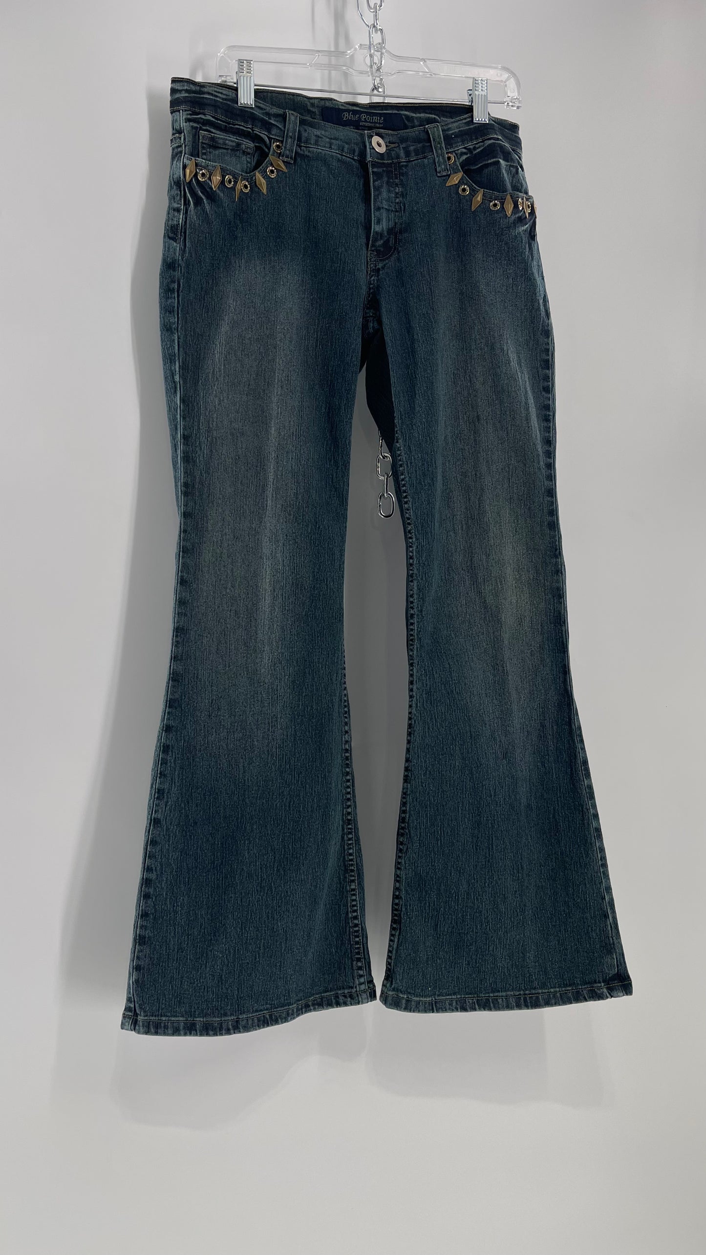 Vintage Blue Pointe Kickflare Medium Wash Jeans with Gold Rhinestone Metal Jewels (13)
