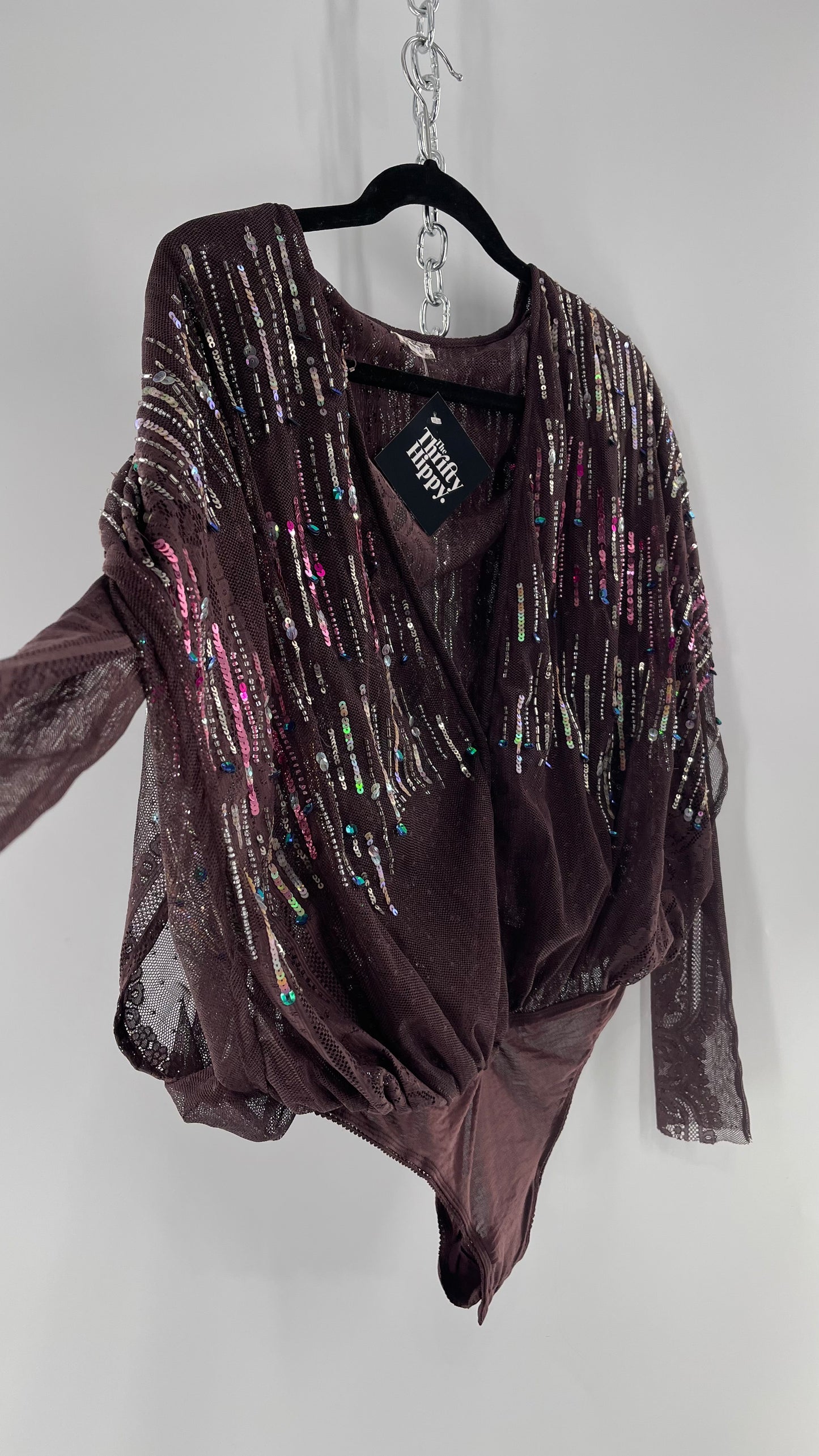 Intimately Free People Plum Mesh Bodysuit with Lace Sleeves and Beaded/Sequined/Embellished Body (Medium)