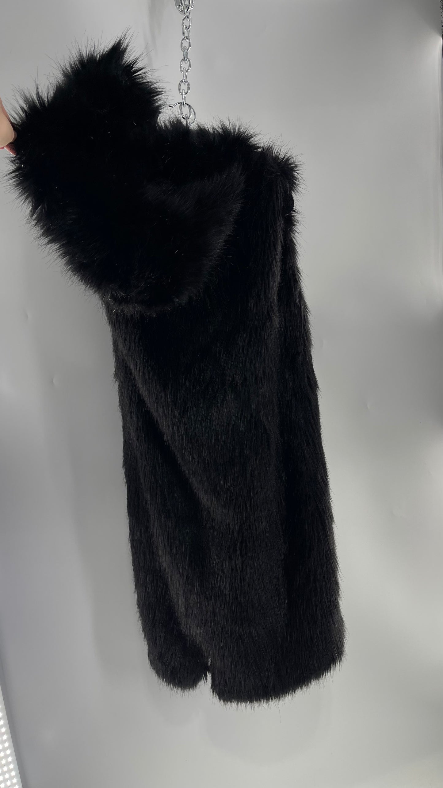 Full Length Black Fuzzy Sleeveless Vest with Oversized Hood (Medium)