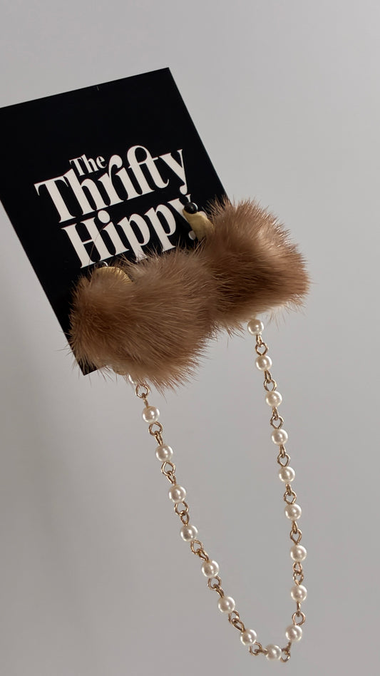 Vintage Real Fur Critter Collar Clips with Pearl Beading
