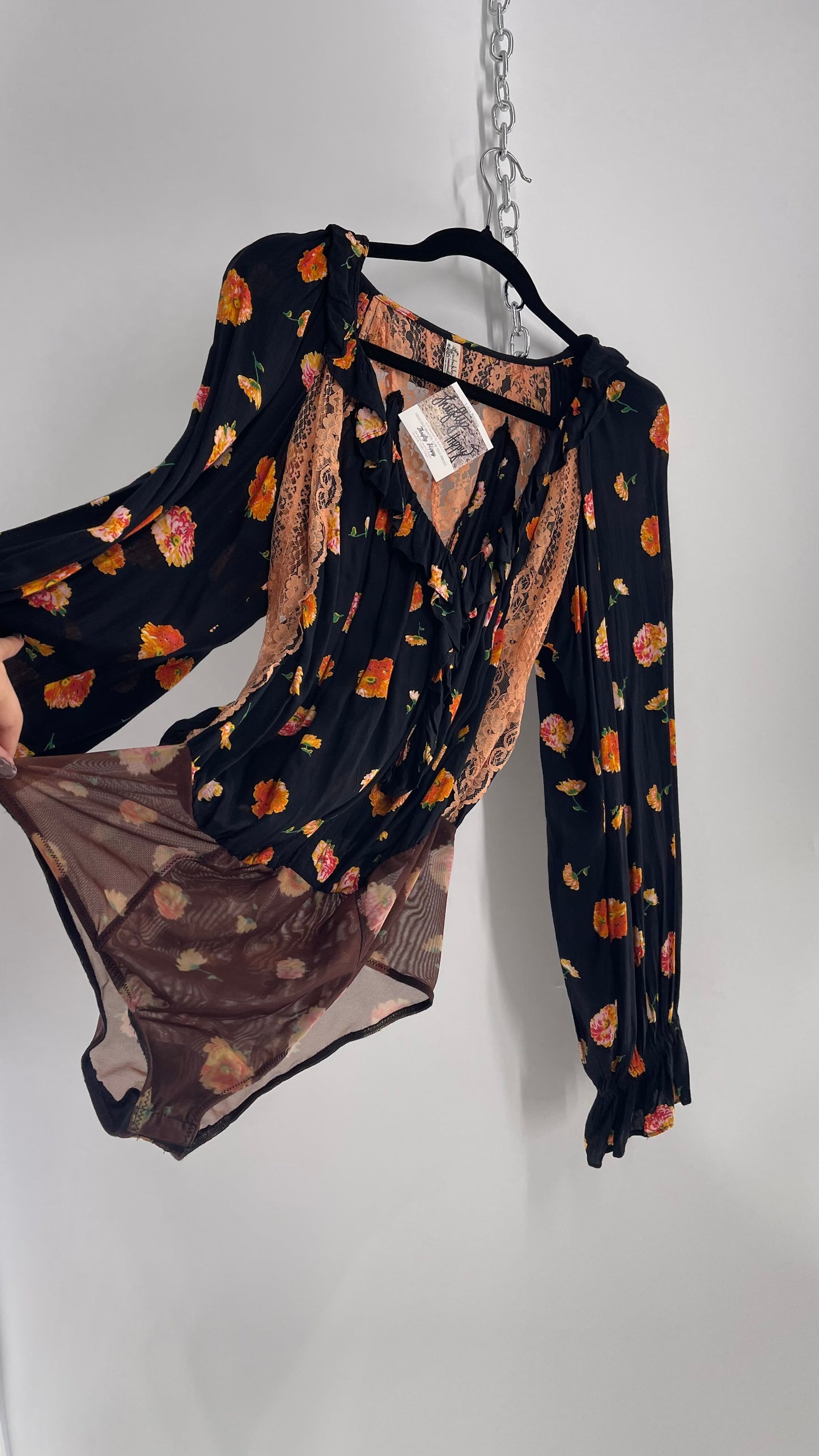 Free People Black and Peach Orange Floral Bodysuit with Balloon Sleeves (Small)