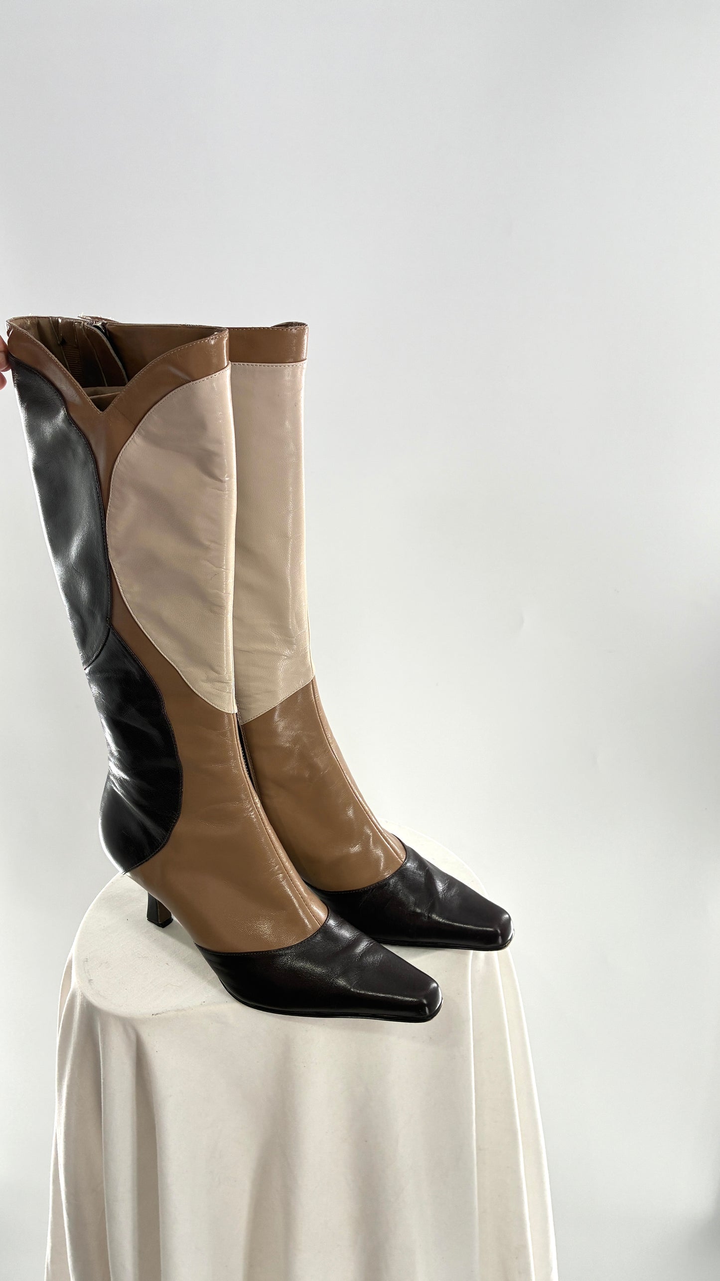 Vintage ANN MARINO Knee High Pointed Toe Abstract Patchwork Boots (6.5)
