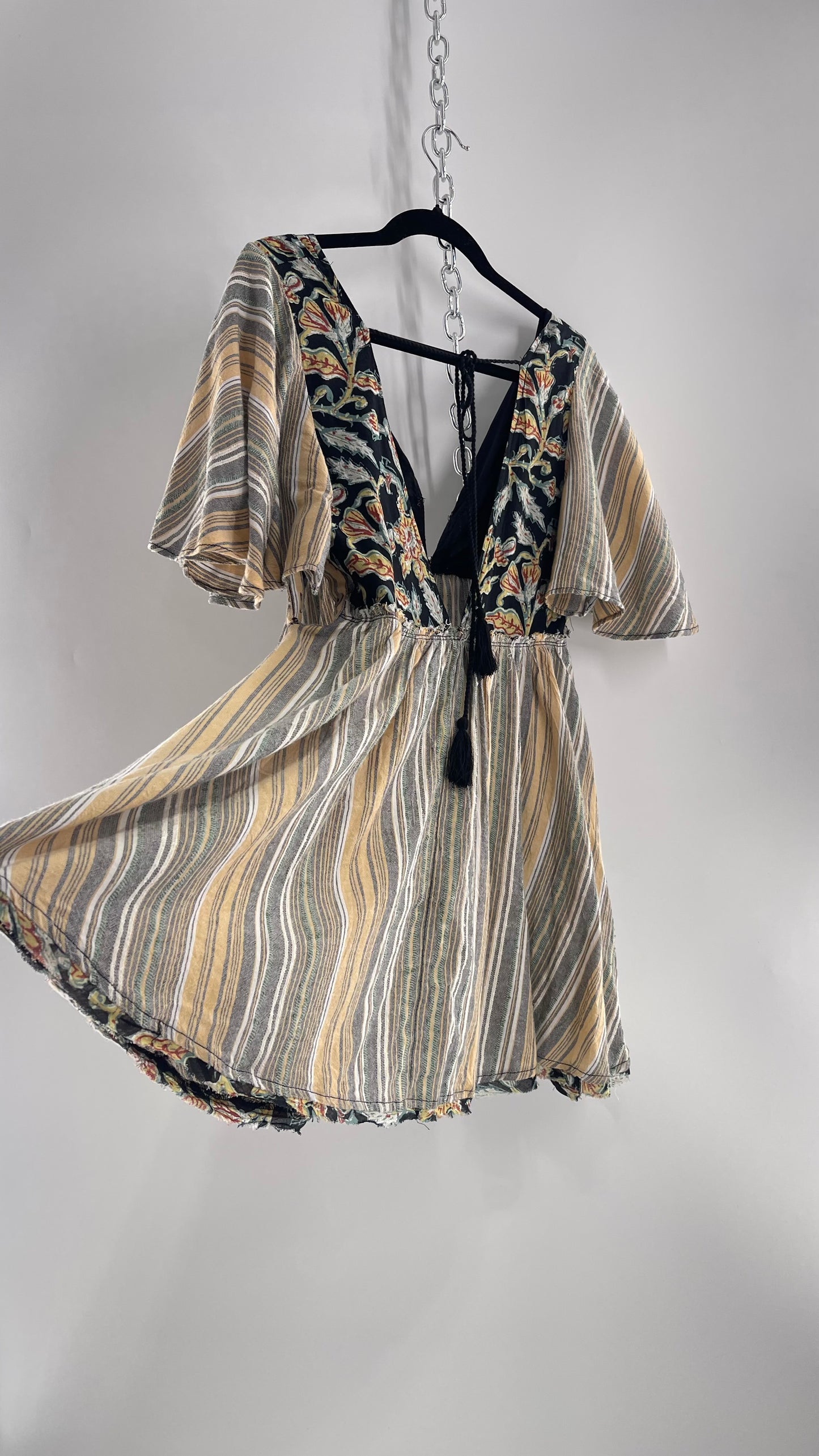 Free People Dual Fabric Floral/Woven Boho Babydoll Mini Dress (XS)