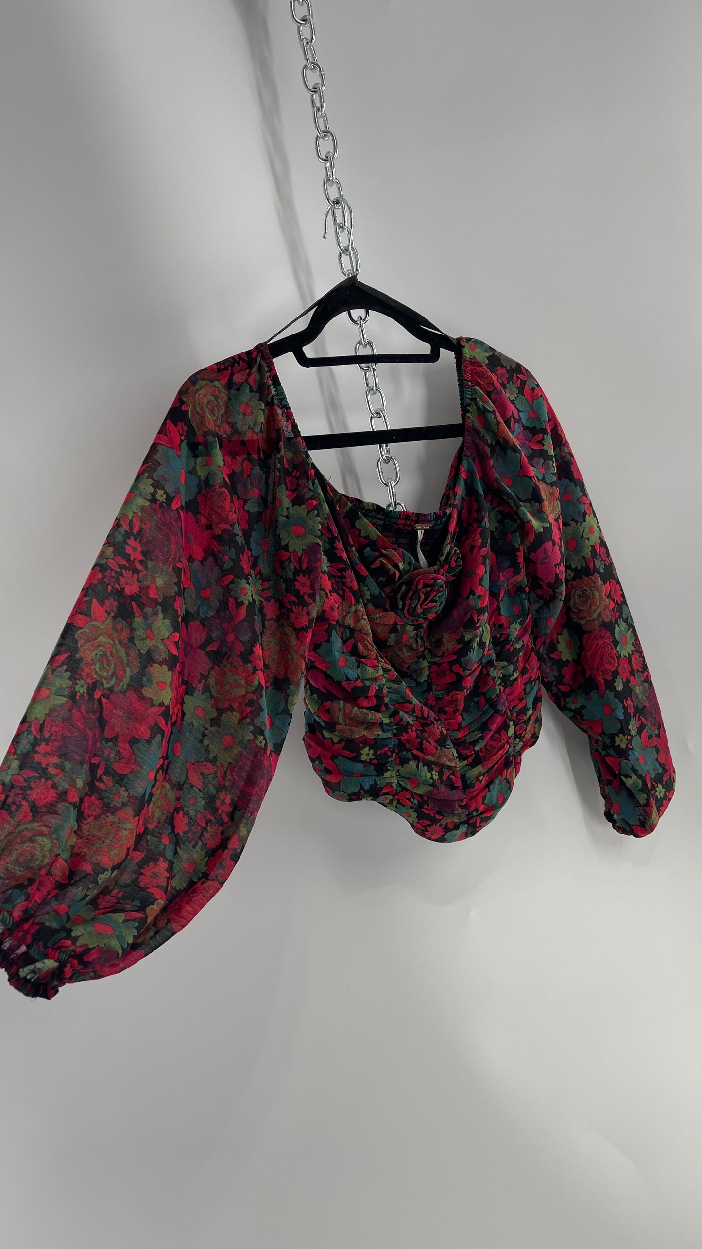 Free People Cropped Floral Blouse with Ruched Body, Balloon Sleeves and Appliqué Rosette Bustline with Tags Attached (Small)