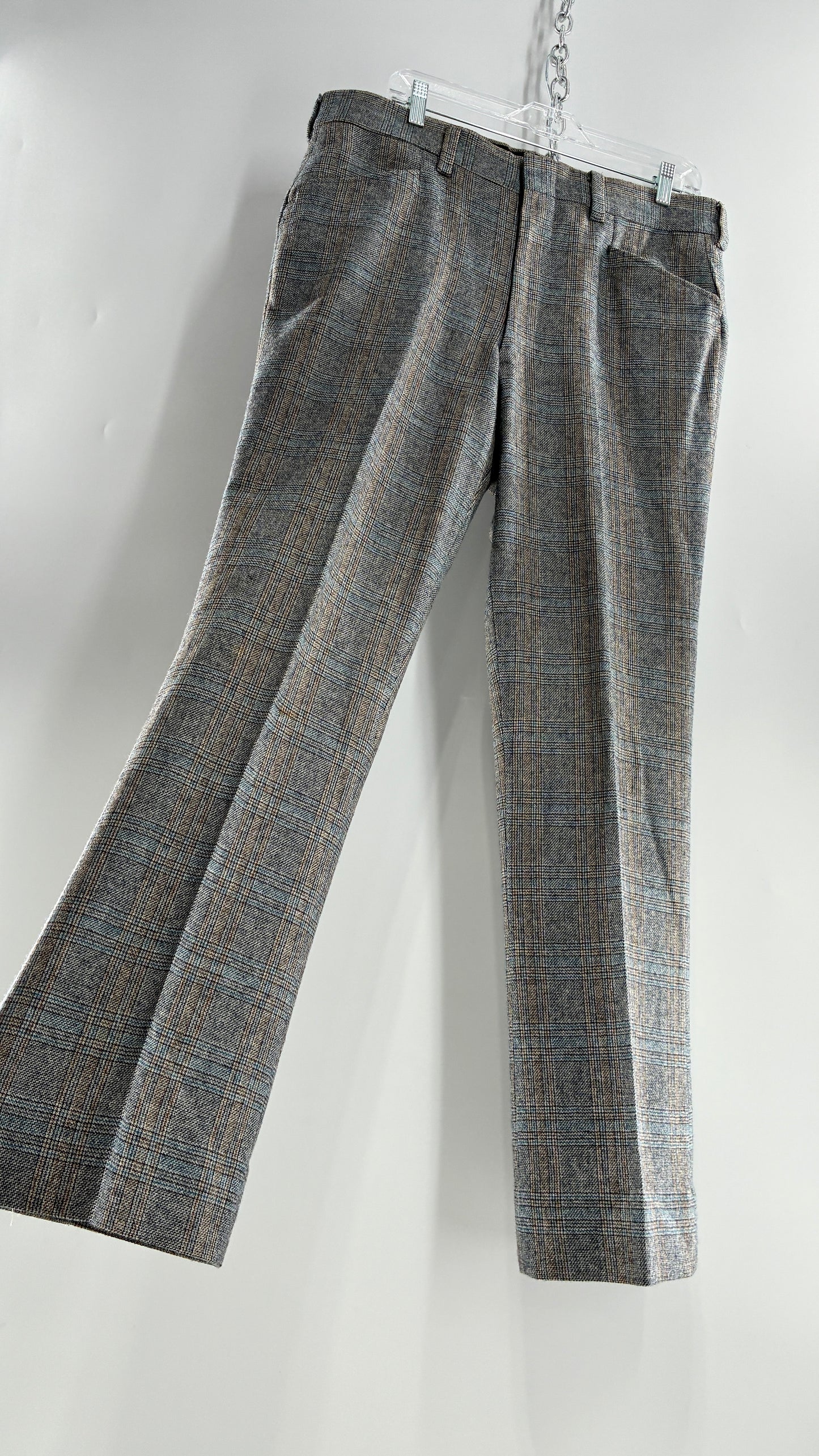 Vintage Handmade Wool Blend Woven Men’s Tailored Trousers with Grey Blue Plaid Pattern (35x32)