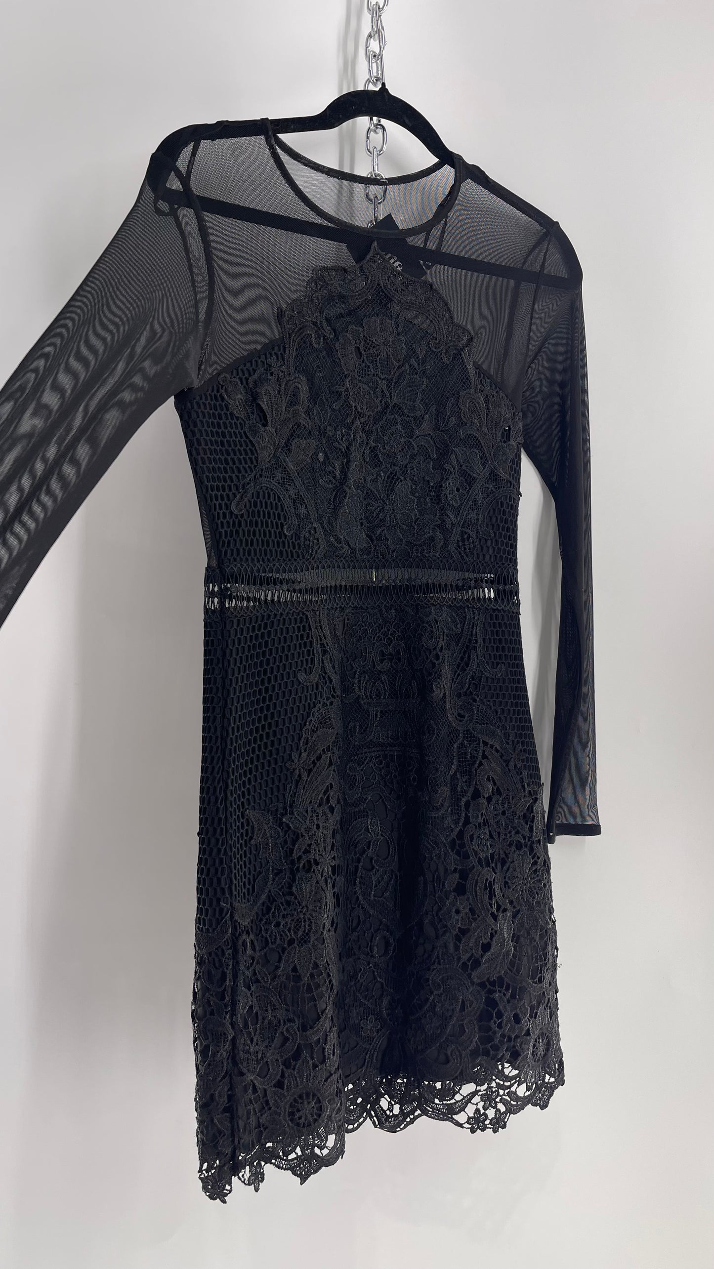 Mesh + Thick Lace Appliqué Mini Dress with Sheer Open Back (Small)