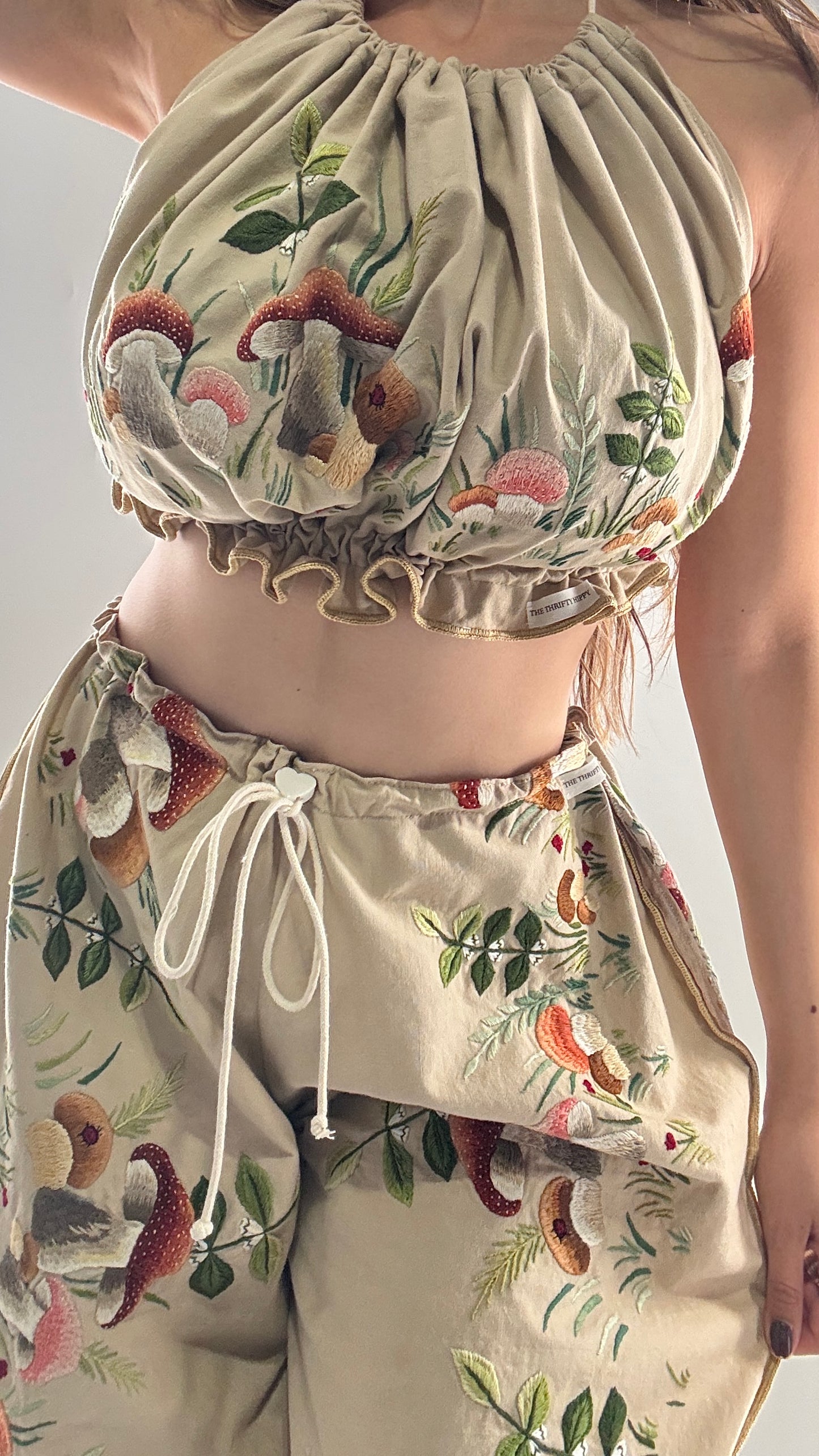 Vintage Custom Handmade and Hand Embroidered Two Piece Set with Mushrooms, Vines, and Ladybugs (XS-L)