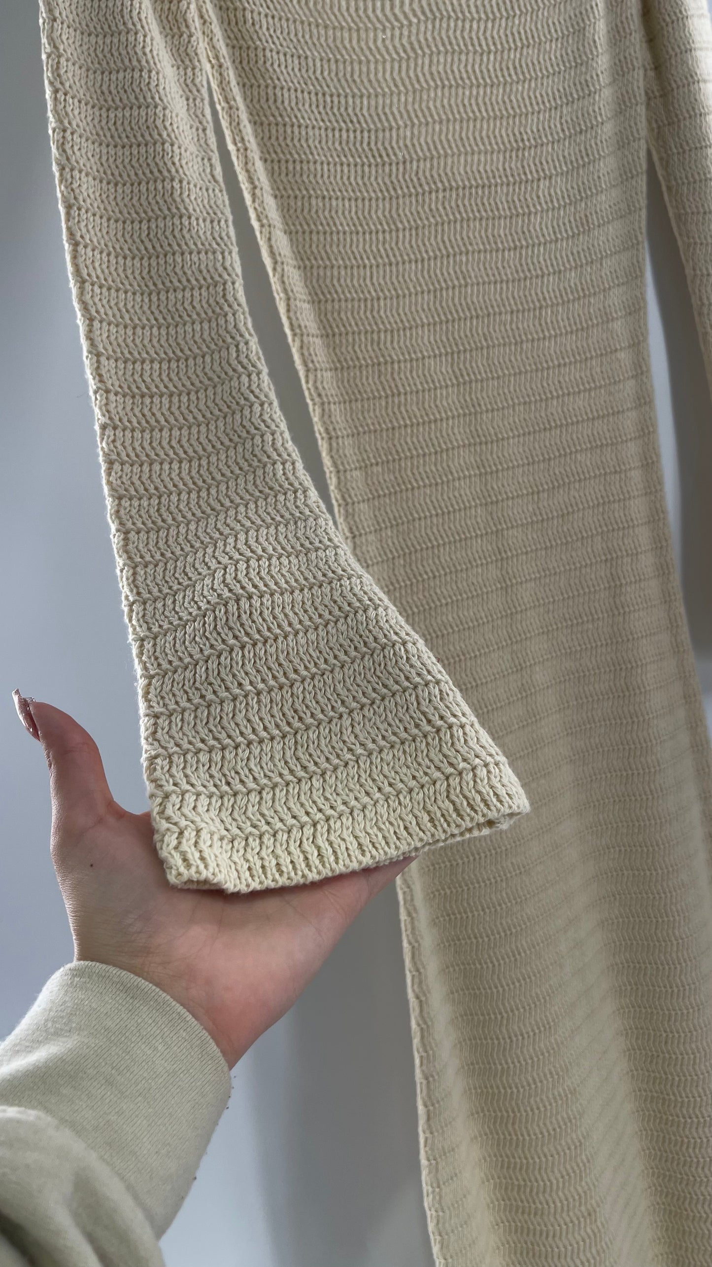 Free People Cozy Cream Knit Open Back Maxi Dress with Slight Bell Sleeve (Large)