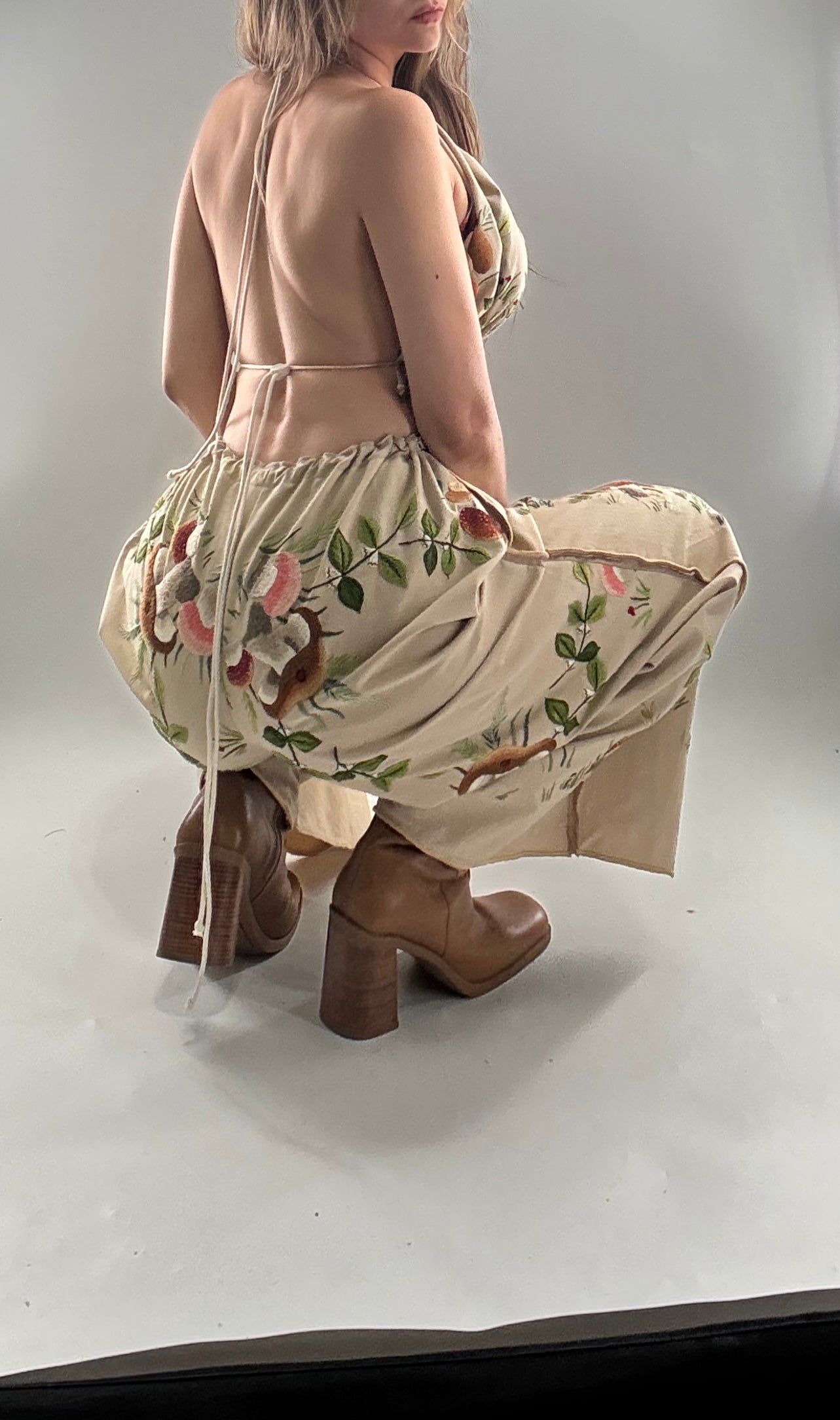 Vintage Custom Handmade and Hand Embroidered Two Piece Set with Mushrooms, Vines, and Ladybugs (XS-L)