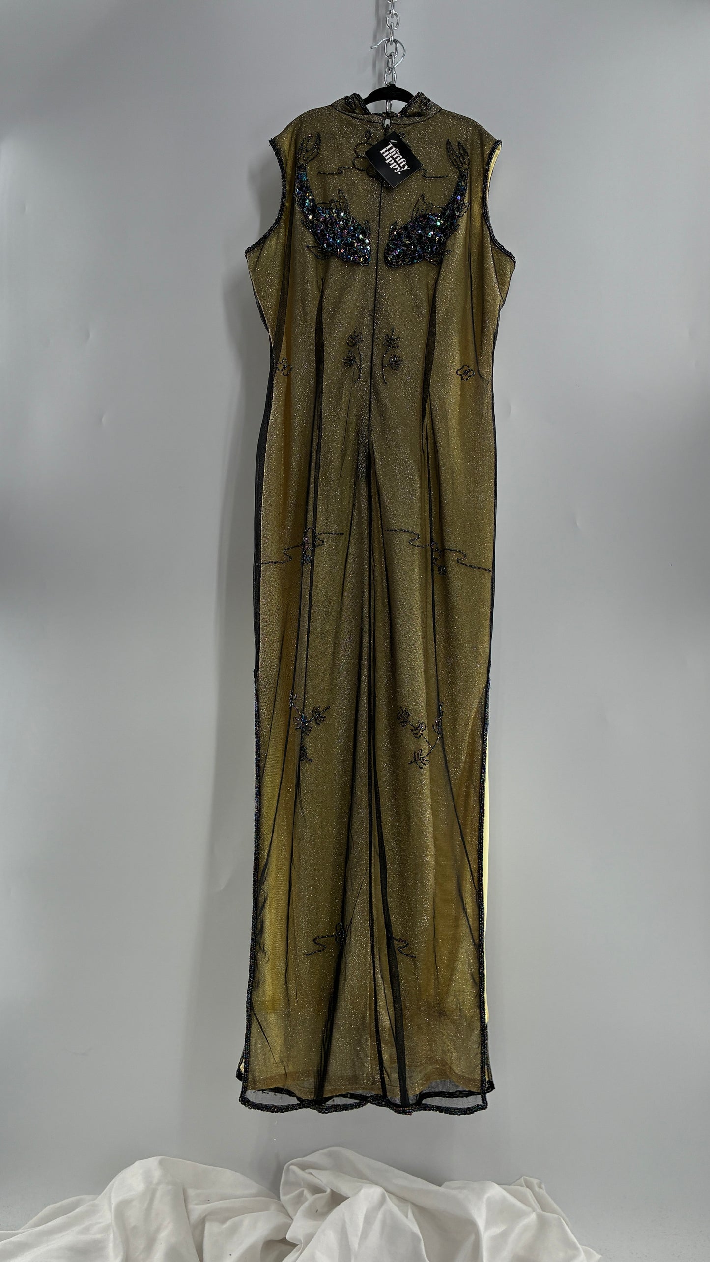 Vintage 1990s One of a Kind Handmade, Green Gown with Beaded Koi Fish, Metallic Tulle Overlay, and Symmetric Back (Medium)