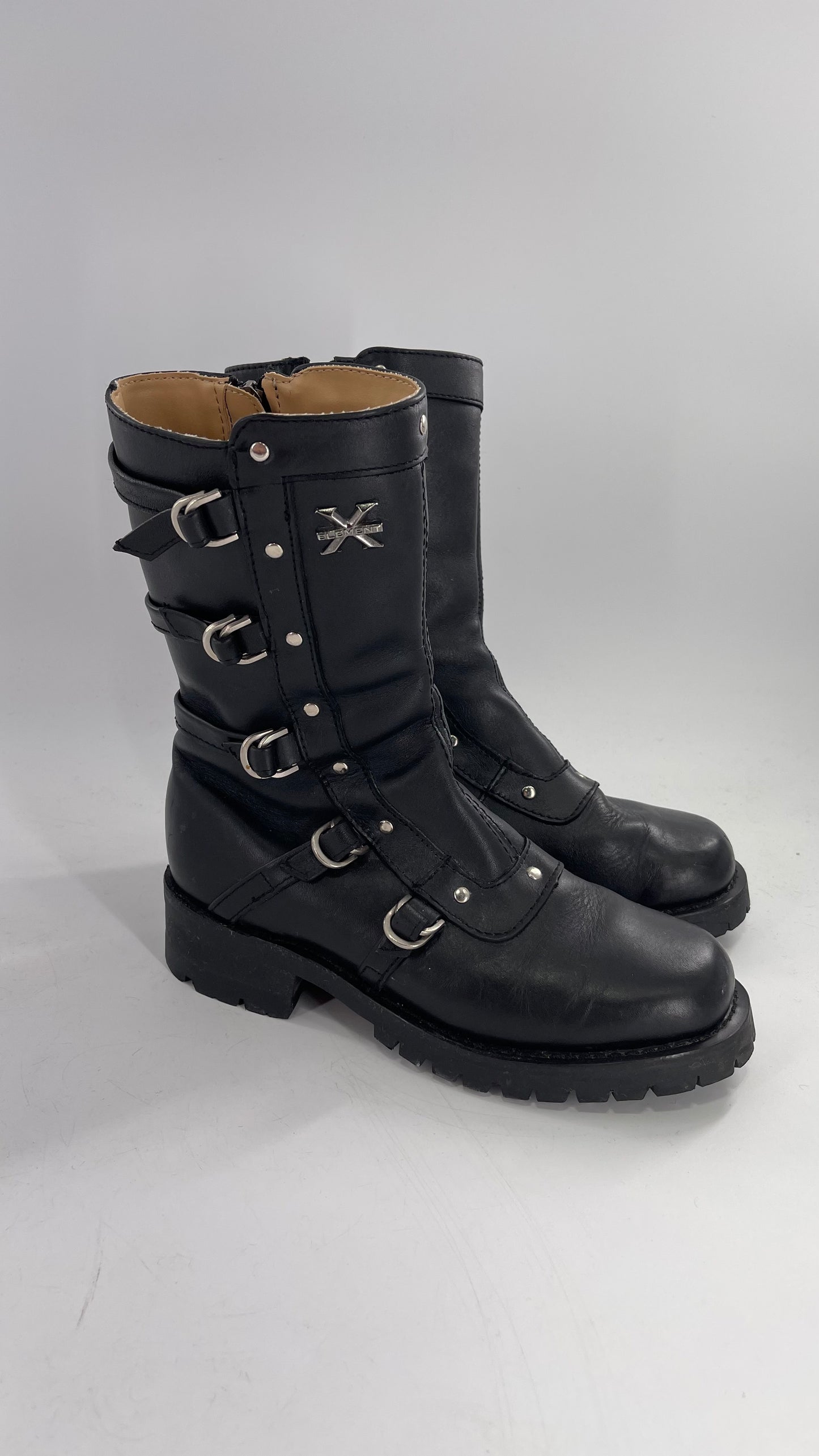 Vintage 1990s XELEMENT Buckle Side Genuine Leather Steam Punk Boots (Women’s 8.5)