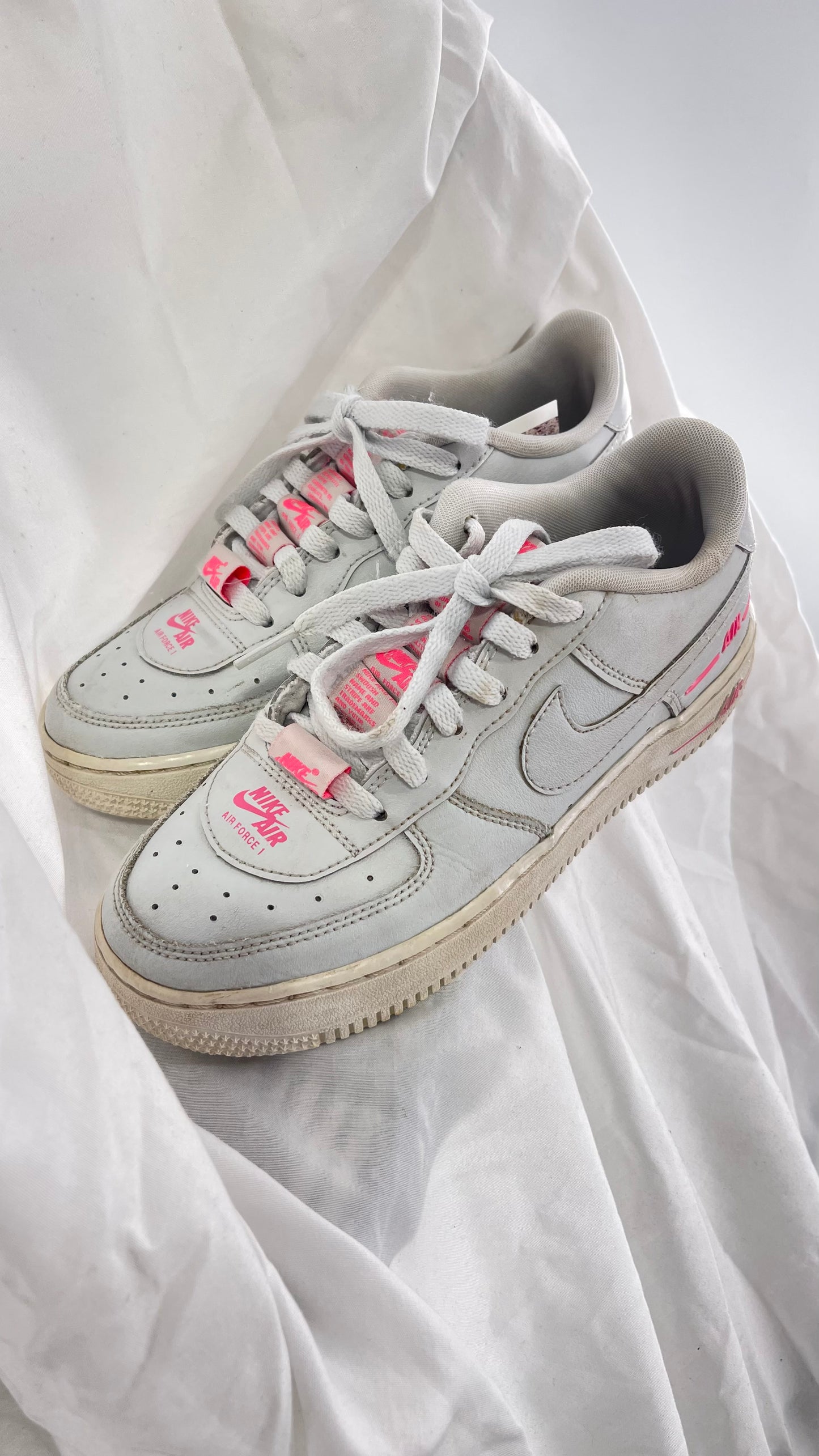 Custom Nikes Worn White with Tags on Laces and Neon Pink Details (4Y)