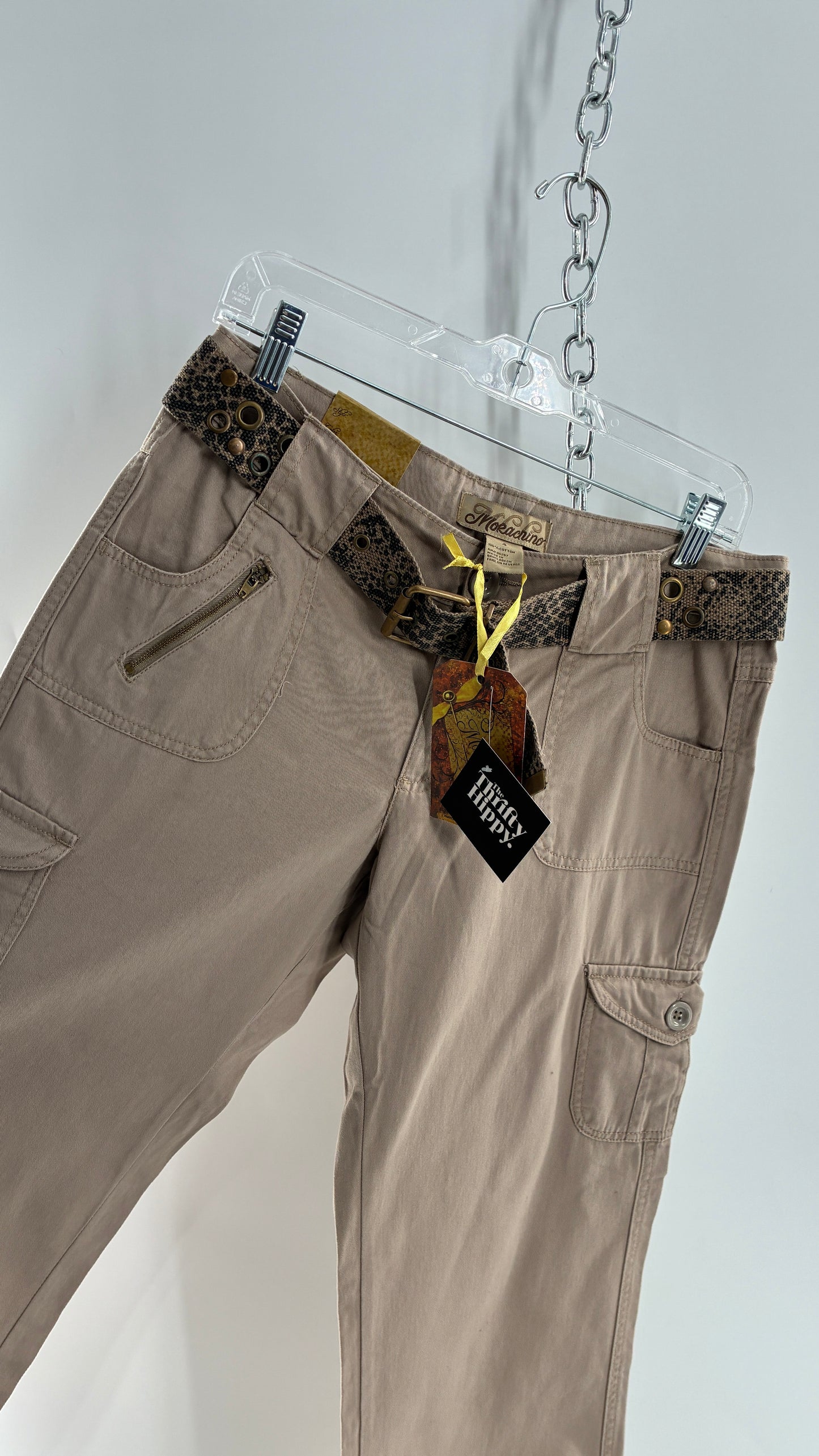 Deadstock Vintage MOKACHINO Tan Low Rise Cargos with Grommet Belt and Zipper Details (4,10)