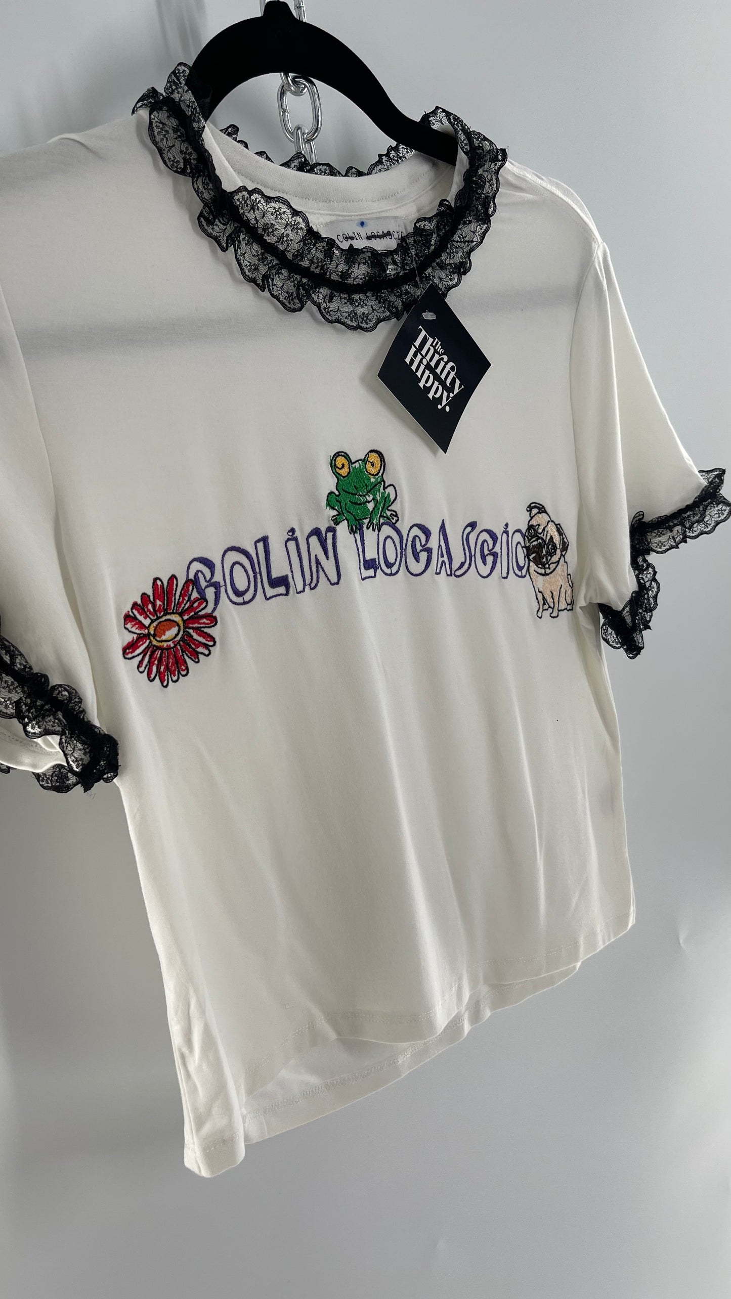Colin Locascio Tannie T Shirt White Black Lace Ruffle Sleeves Frog Embroidery (Small)