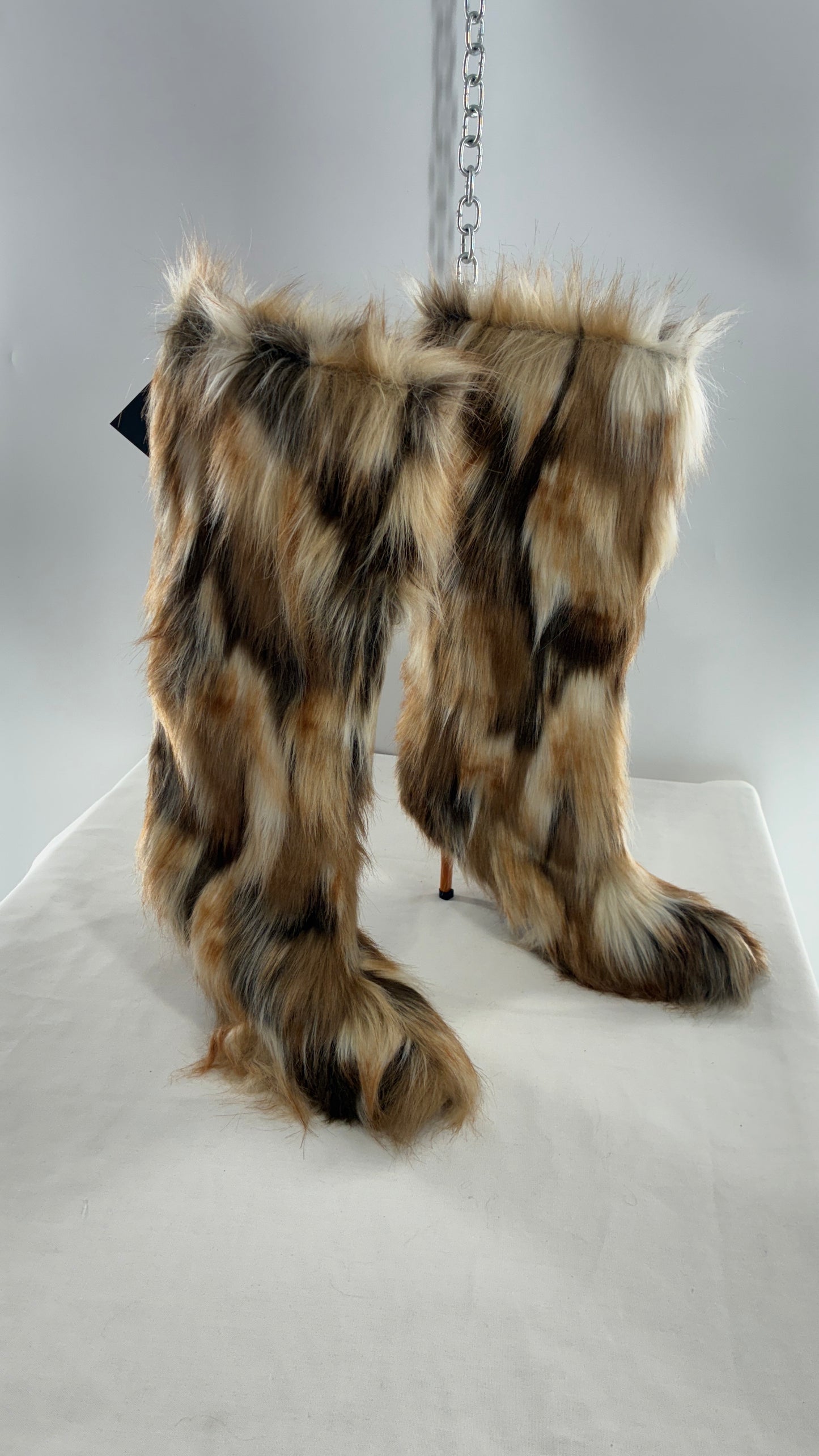 Vintage Mixed Tone Vegan Fur, Knee High, Pointed Toe Boots (43)