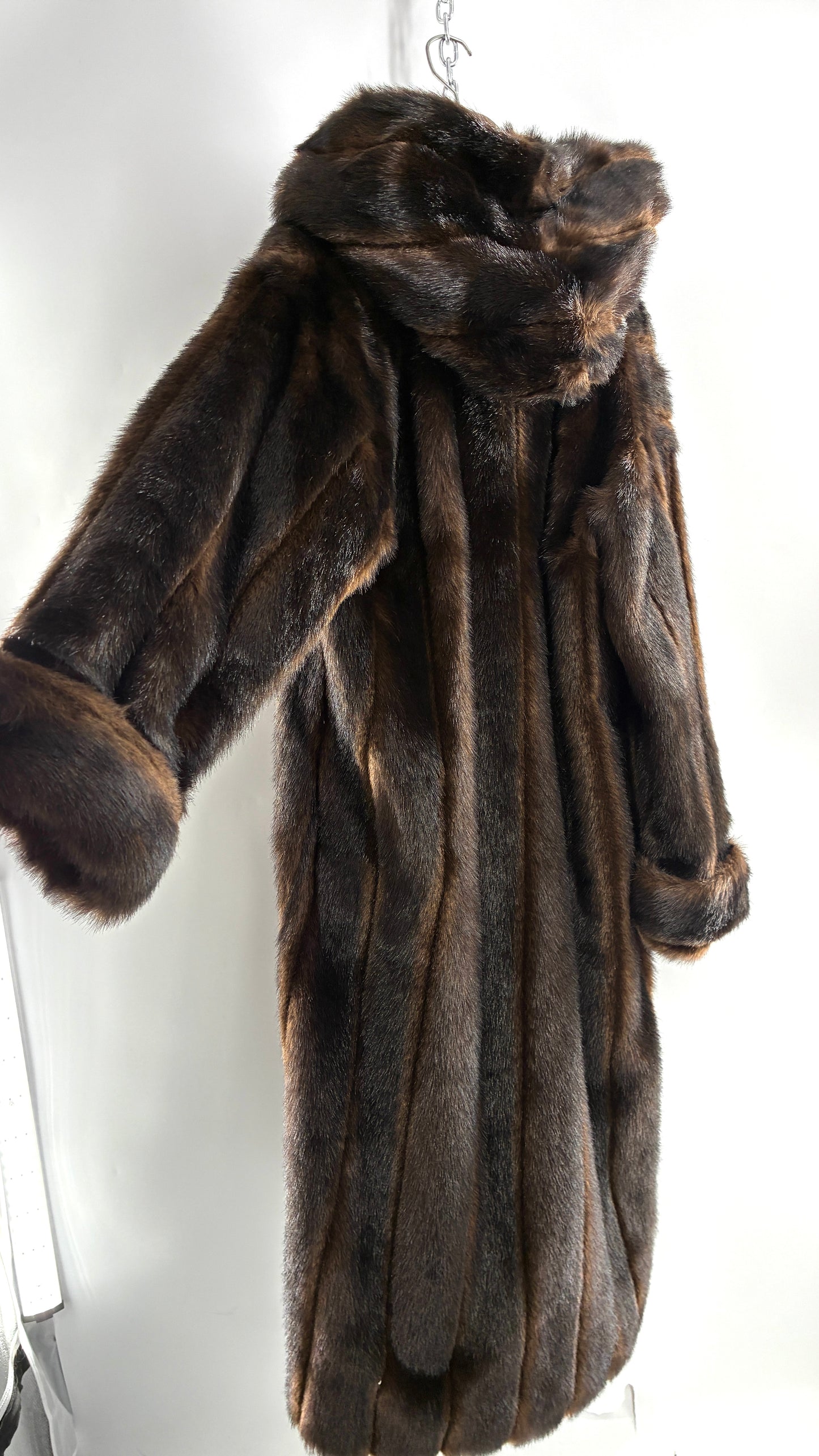 Vintage TALLY HO Hooded and Paneled, Vegan Fur Full Length Coat (Medium)