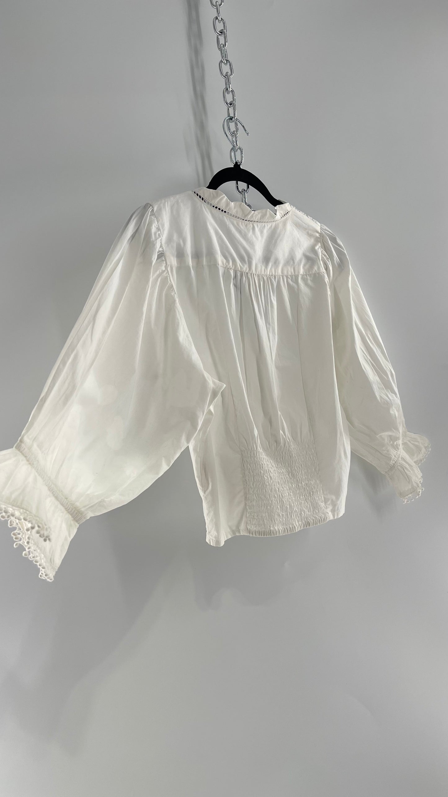 Free People White Puff Sleeve Prairie Blouse with Lace Details (Small)