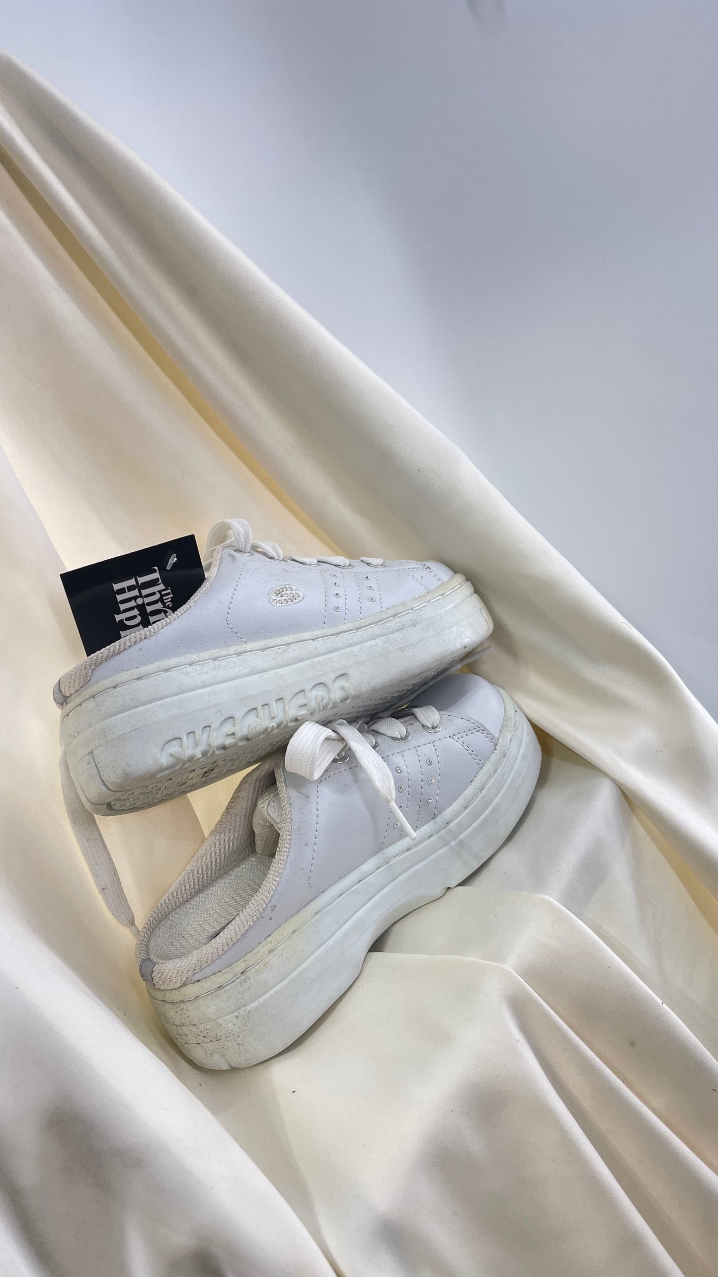Vintage White Sketchers Slip on Platform Jammer Sneakers with Bedazzled Details (6)