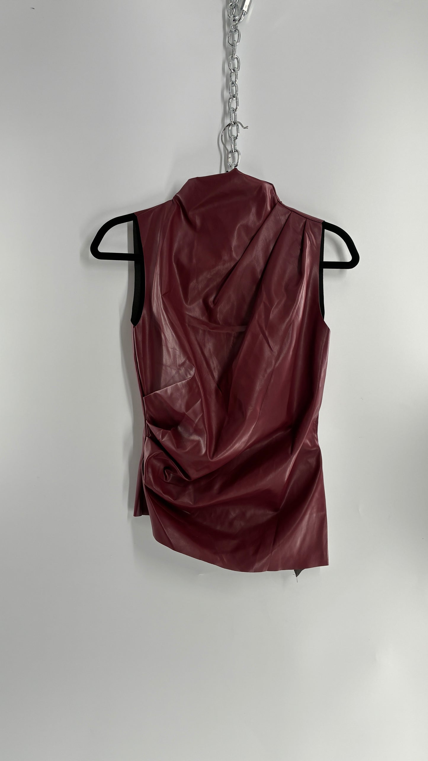 Faux Leather Maroon Ruched High Neck Asymmetric Sleeveless Top (Medium)