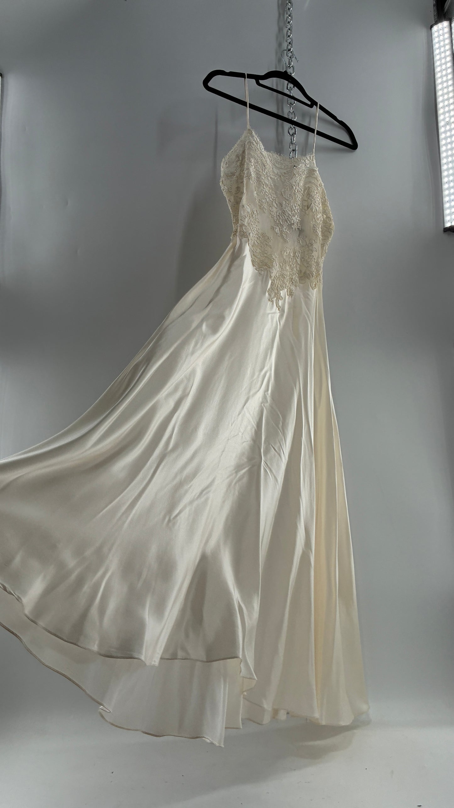 Vintage JONQUIL 100% Silk Gown with Heavy Lace Appliqués and Low Cut Sheer Back (Medium)