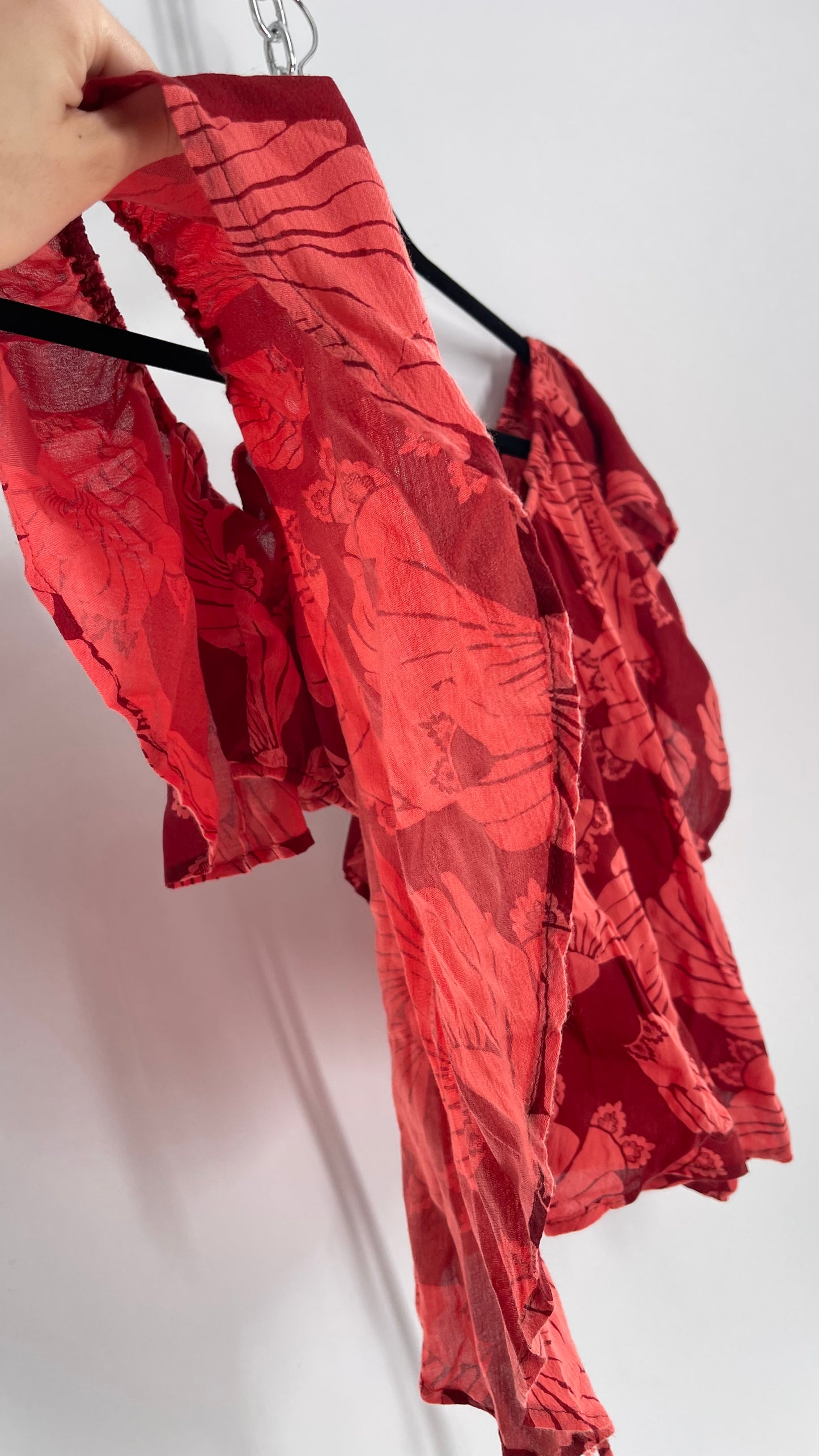 Free People Red Floral Drape Over Bandeau with Tie Up Back (Medium)
