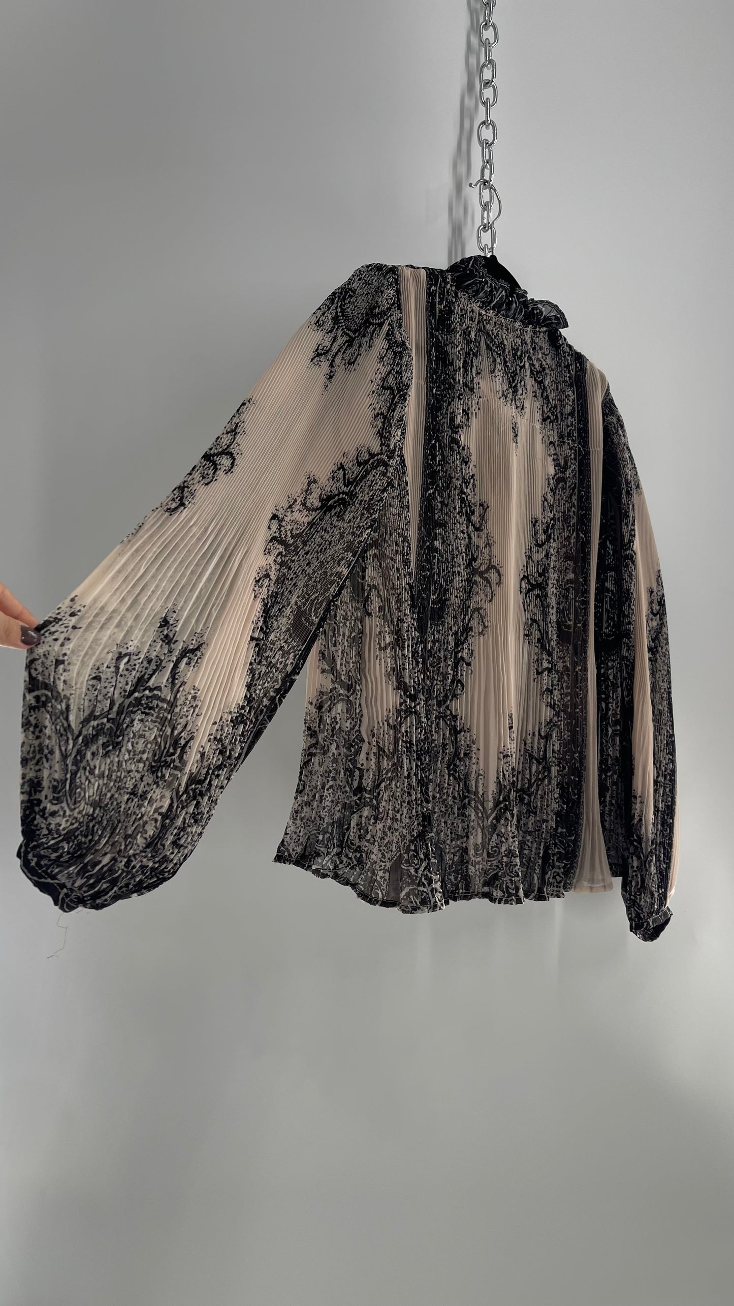 Forever that Girl Brocade Black and Dusk Pleated/Fluted Blouse with Tags Attached (Medium)