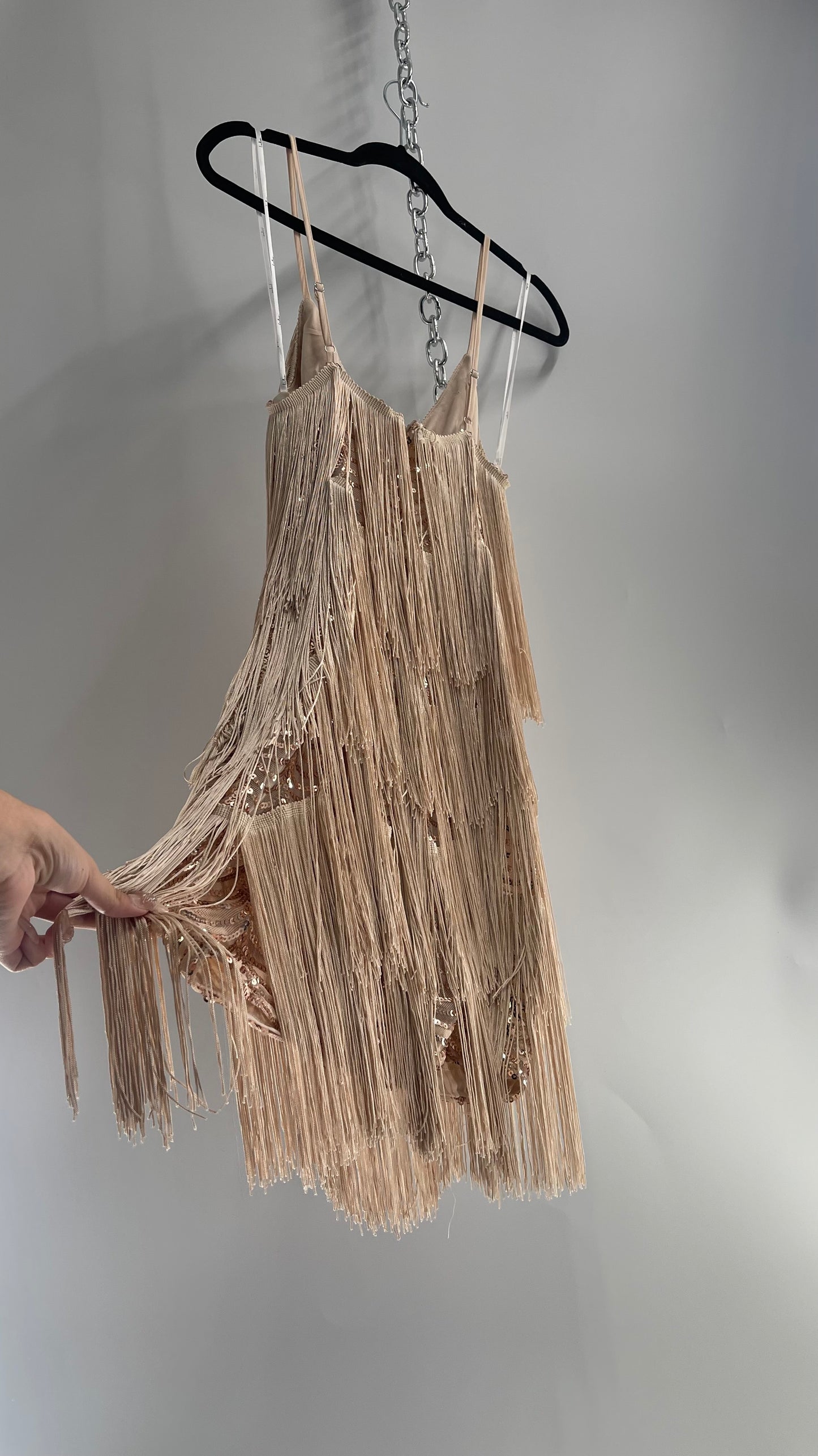 Lulu’s Get in the Groove Fringe Tassel Champagne Mini Dress with Sequin Lining with Tags Attached (Small)