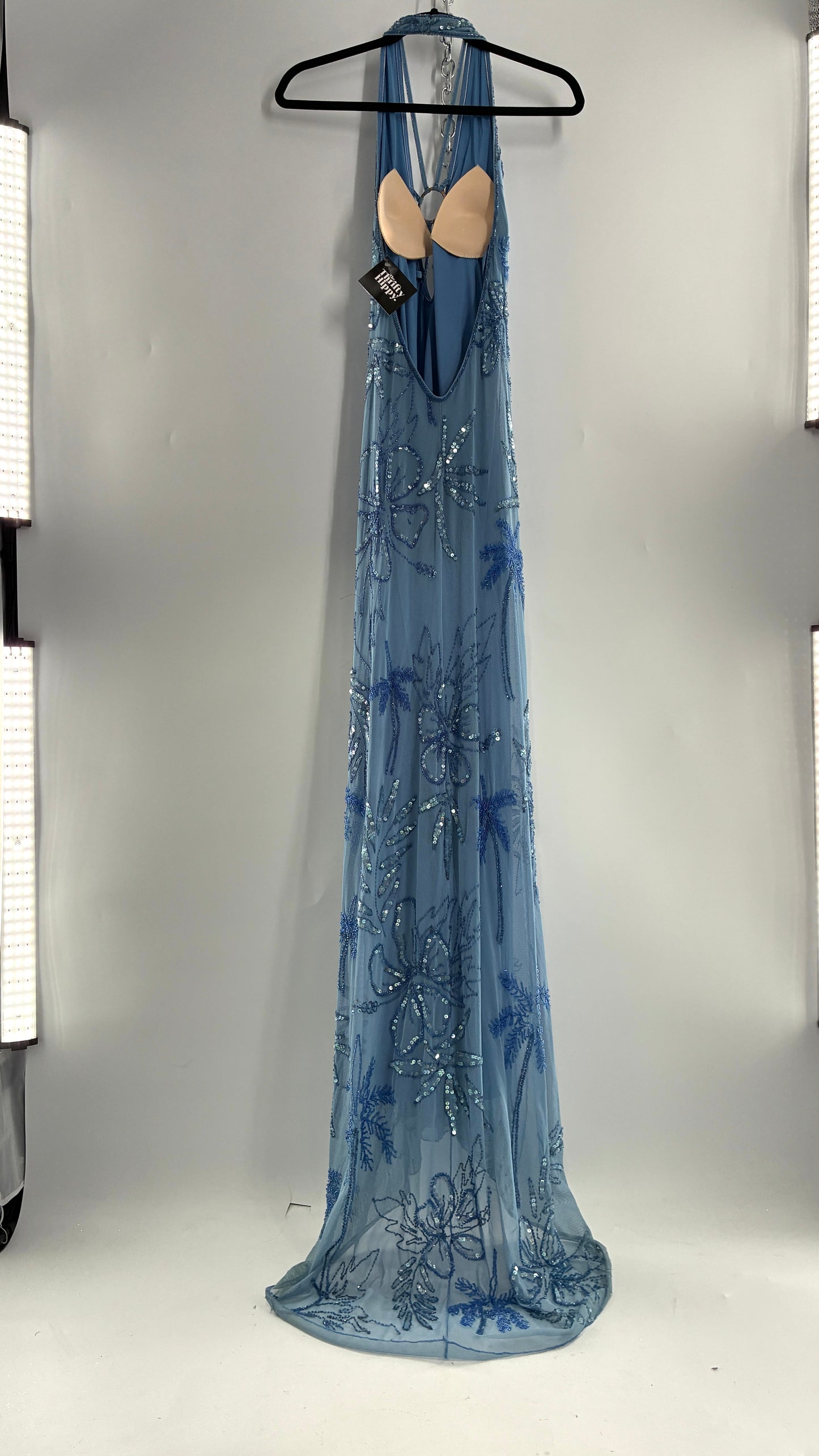 Vintage 1990s Powder Blue Gown Covered in Beaded Appliqué Tropical Designs with Strappy Bust and Low, Open Back (S/M, stretchy no size marked)