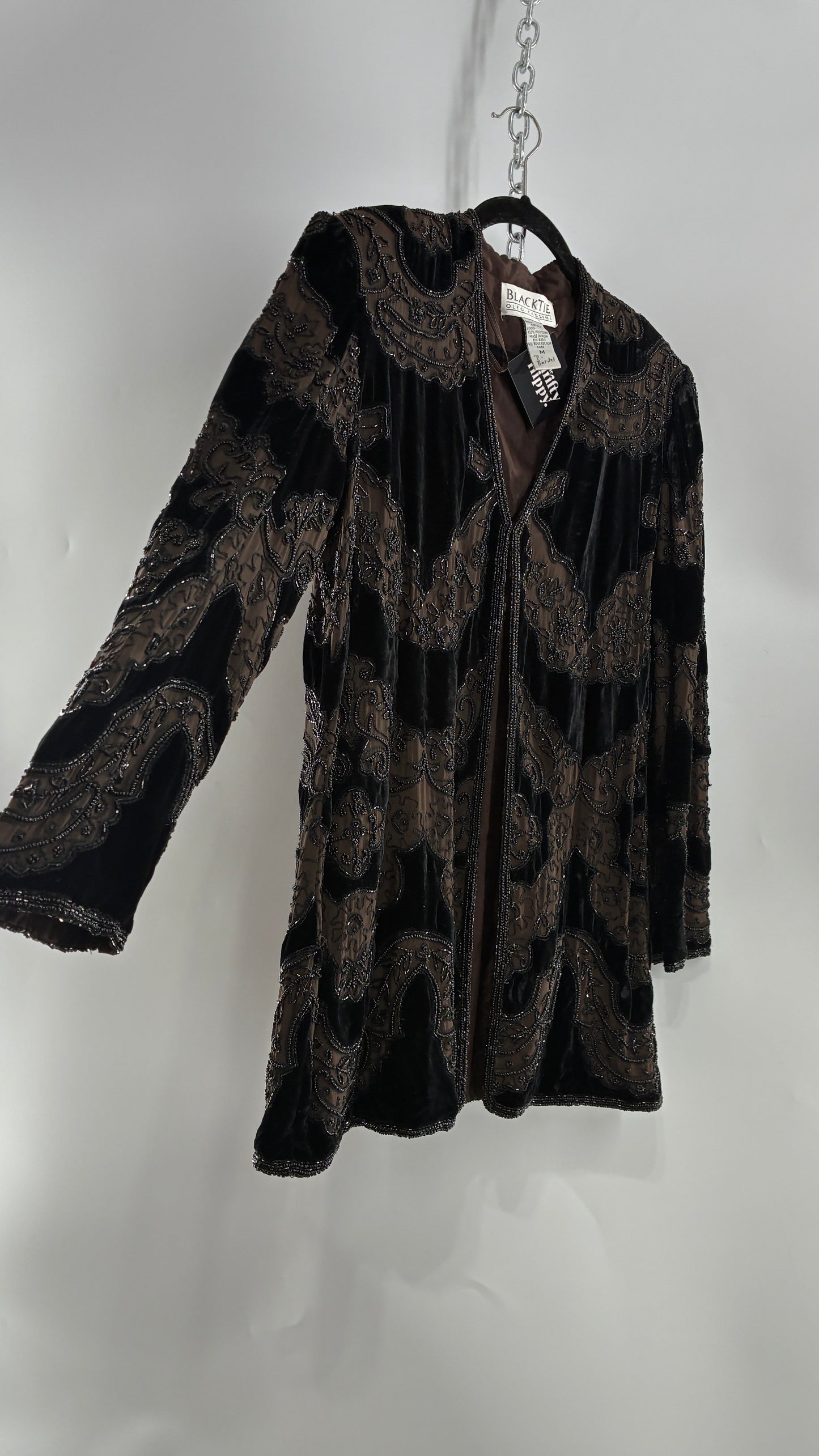 Vintage OLEG CASINI 100% Silk Velour Heavily Beaded Coat (Medium)