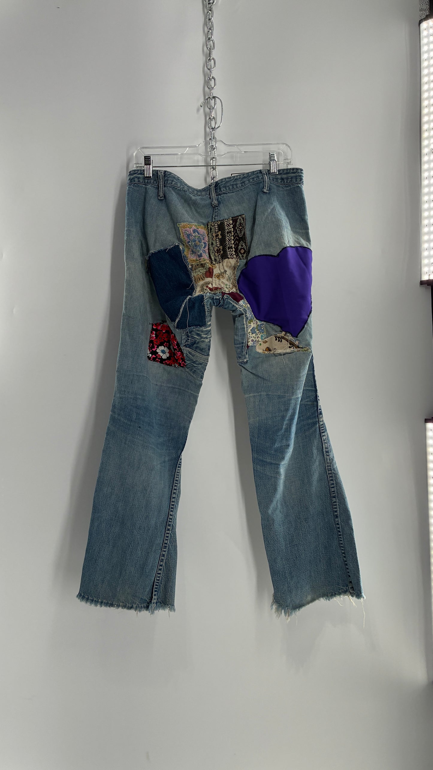 Vintage Rare 1970s Light Wash, Low Rise Boot Cut Jeans with Hand Stitched Tapestry Style Patches and Purple Heart on Bum (Measurements Below)