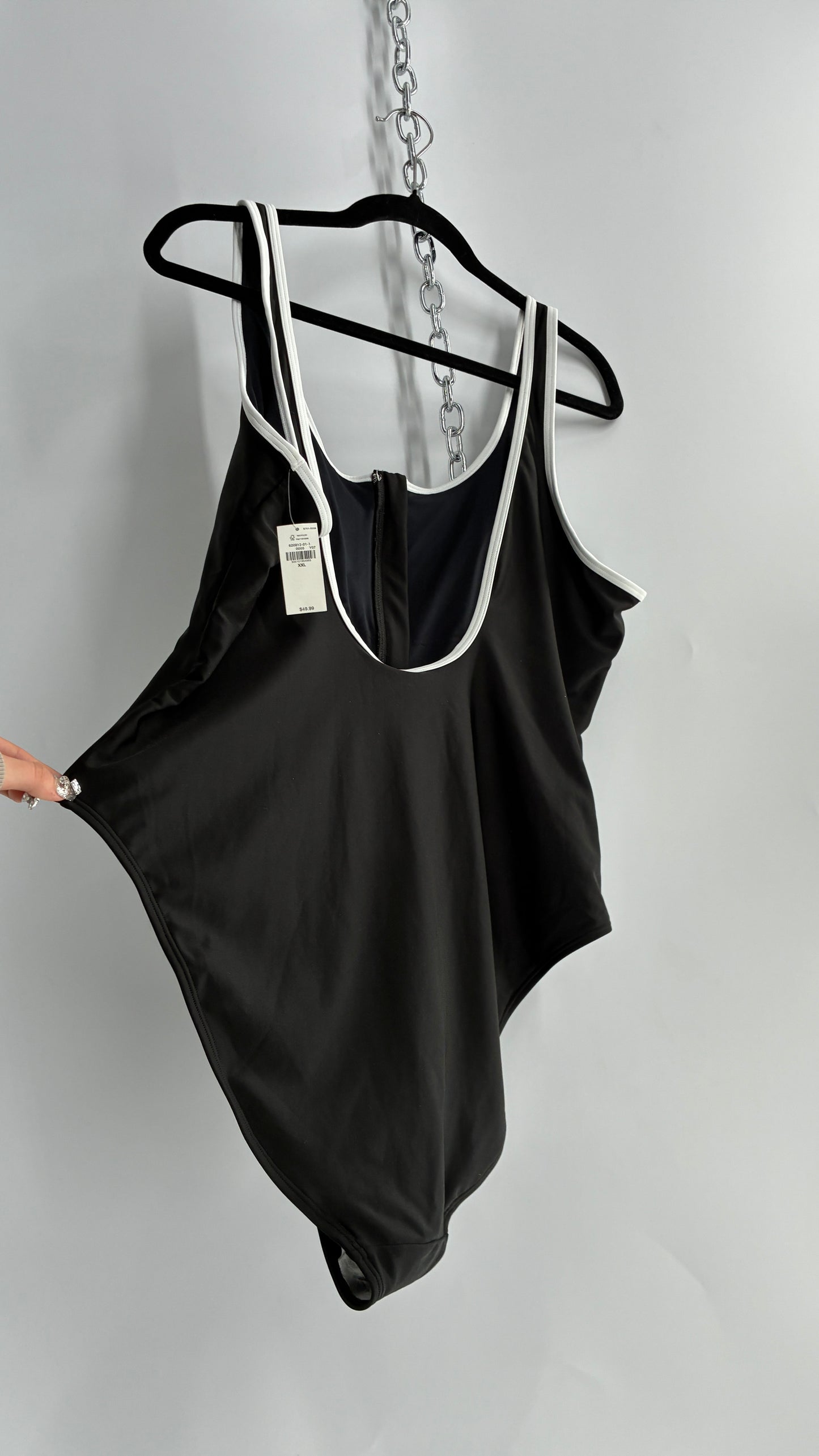 OLD NAVY Black Thick Zip Front Bathing Suit with Contrast White Piping and Tags Attached (XXL)