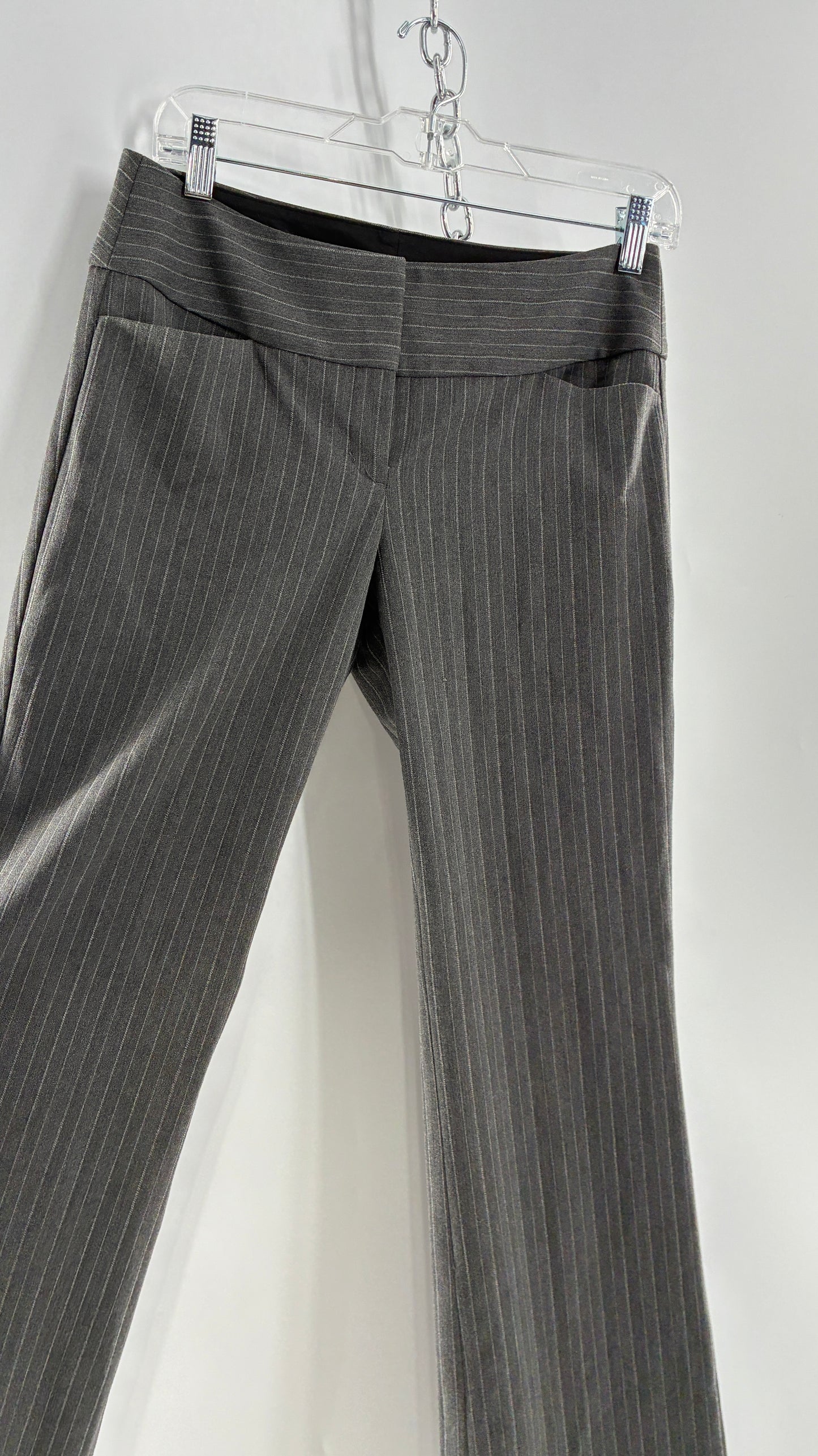 Vintage 1990s EXPRESS Editor Dark Grey Pinstripe Ultra Low Rise Thick Hip Band Kick Flares (2)