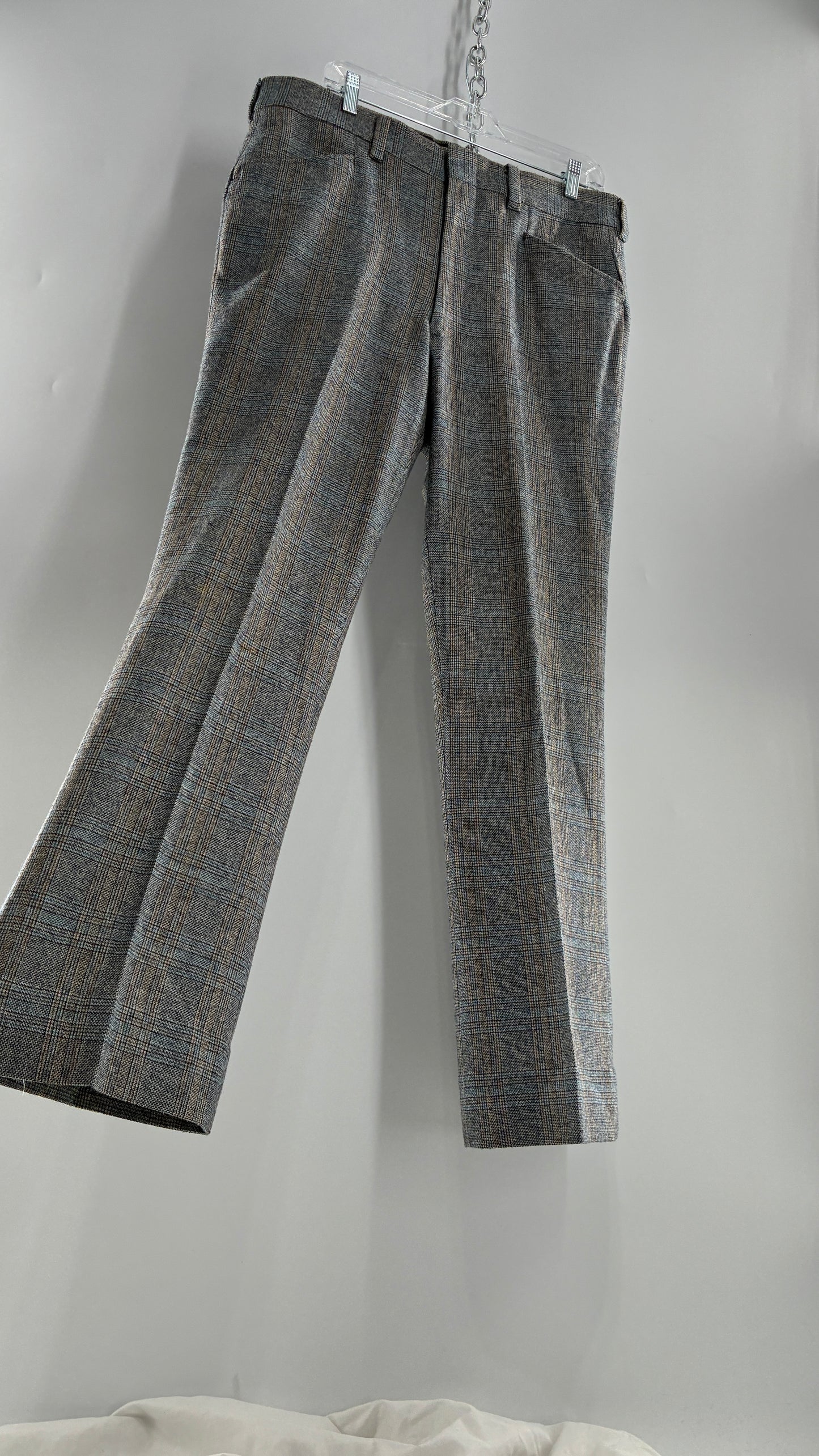Vintage Handmade Wool Blend Woven Men’s Tailored Trousers with Grey Blue Plaid Pattern (35x32)