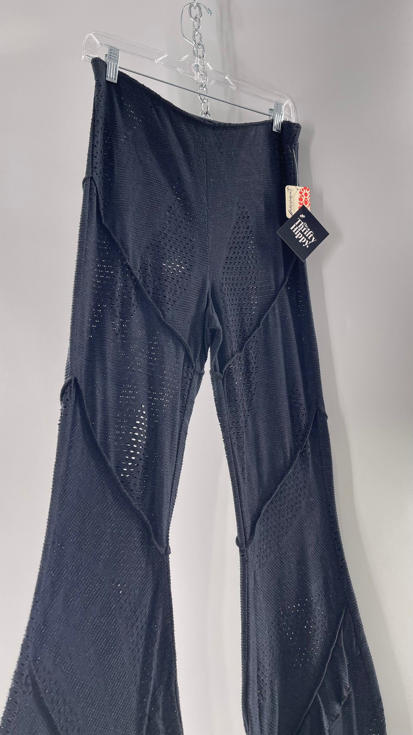 Free People Black Midnight Grey Mixed Pattern Kickflares with High Low Hem, Exposed Seams and Distressing Tags Attached (Medium)