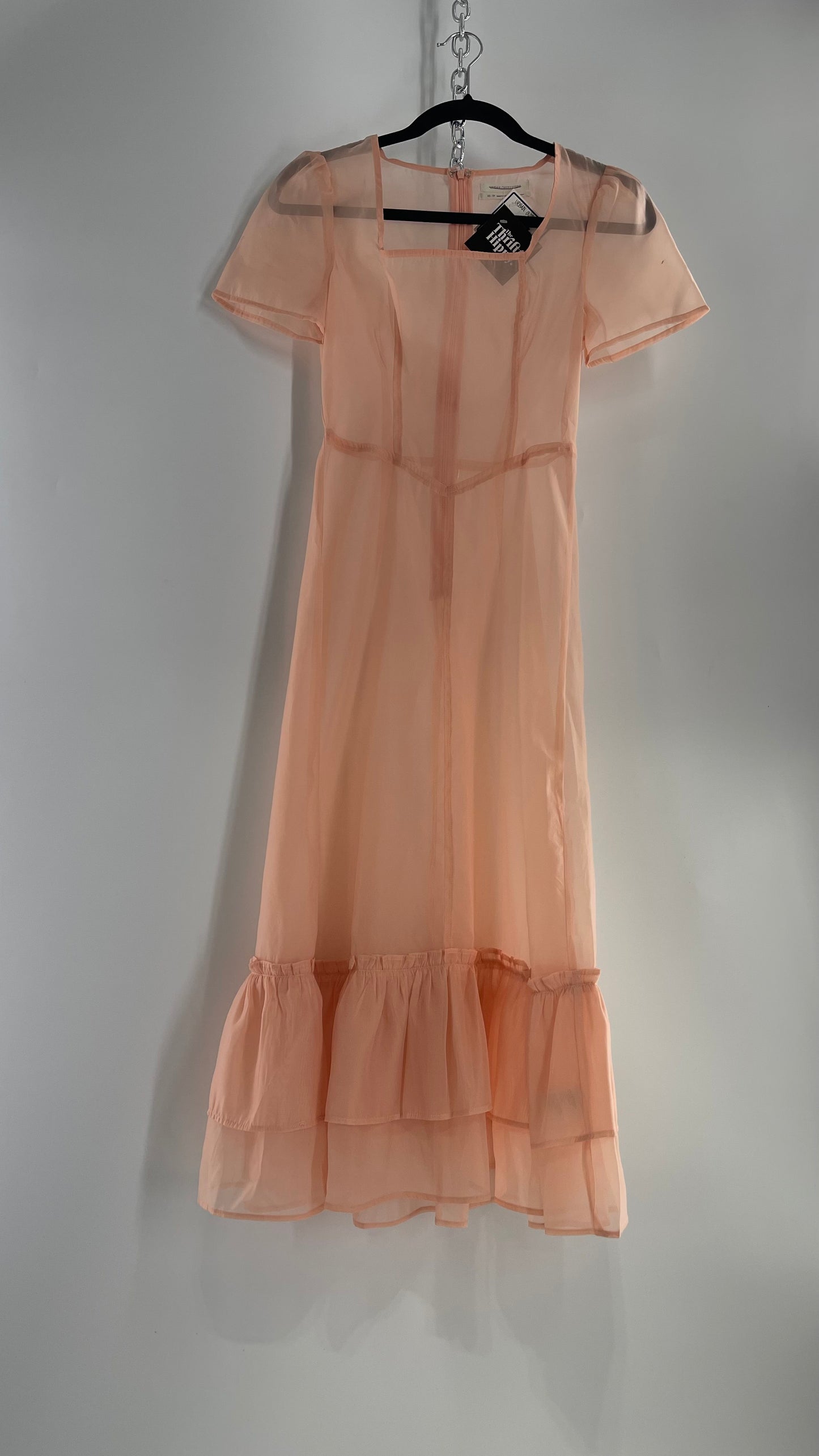 Urban Outfitters Pink/Peach Voile Vintage Inspired MIDI Dress with Ruffled Hem (XS)