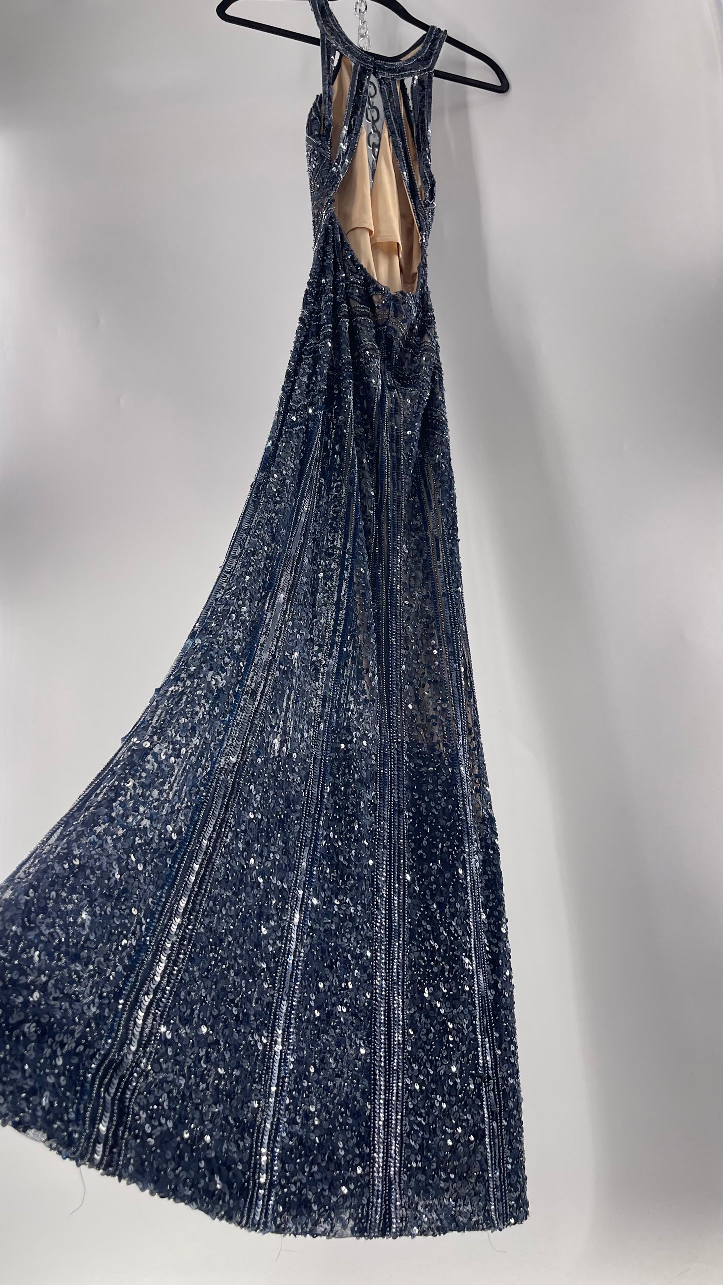 Vintage SCALA Navy Blue Beaded Floor Length Gown with Plunging Neckline, Backless Detail, and Tan Underlay (C)(4)