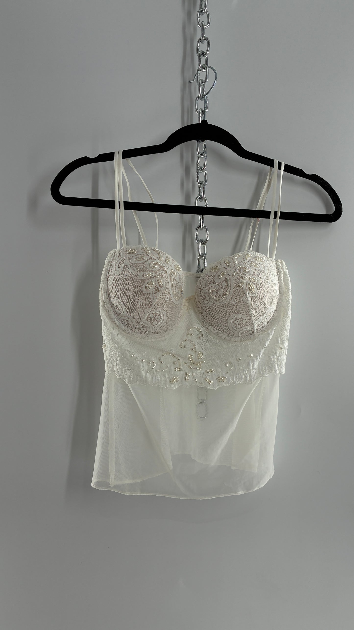 Vintage LA FRESCA White Lace Bustier Babydoll with Mesh Bodice and Beaded Cups/Band (Large)