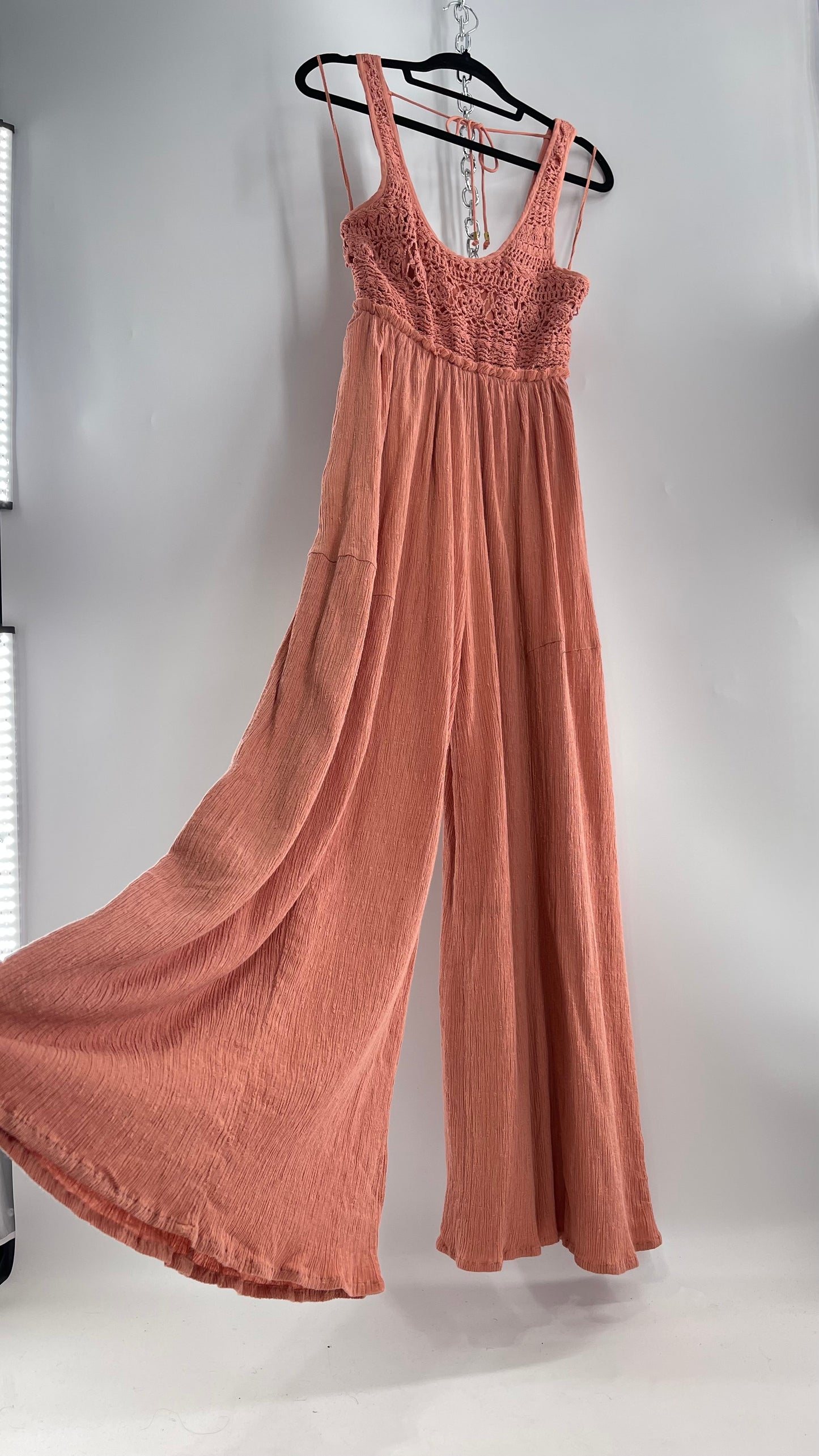 Free People Rose/Peach Pink Wide Leg Jumpsuit with Crochet Bust and Tags Attached (XS)