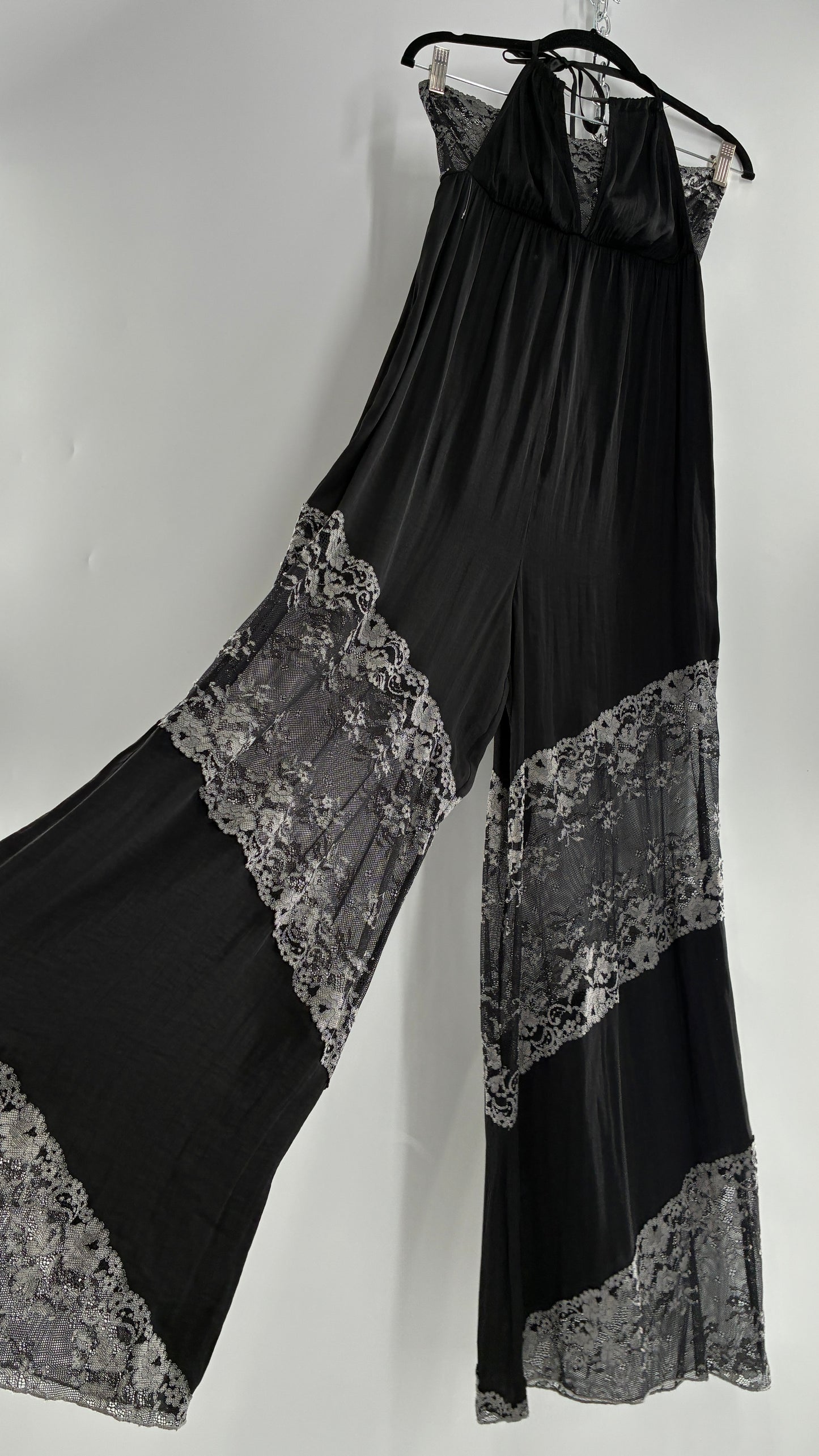 Free People Silky Black Jumpsuit with Grey Lace Paneling and Bandeau (S)