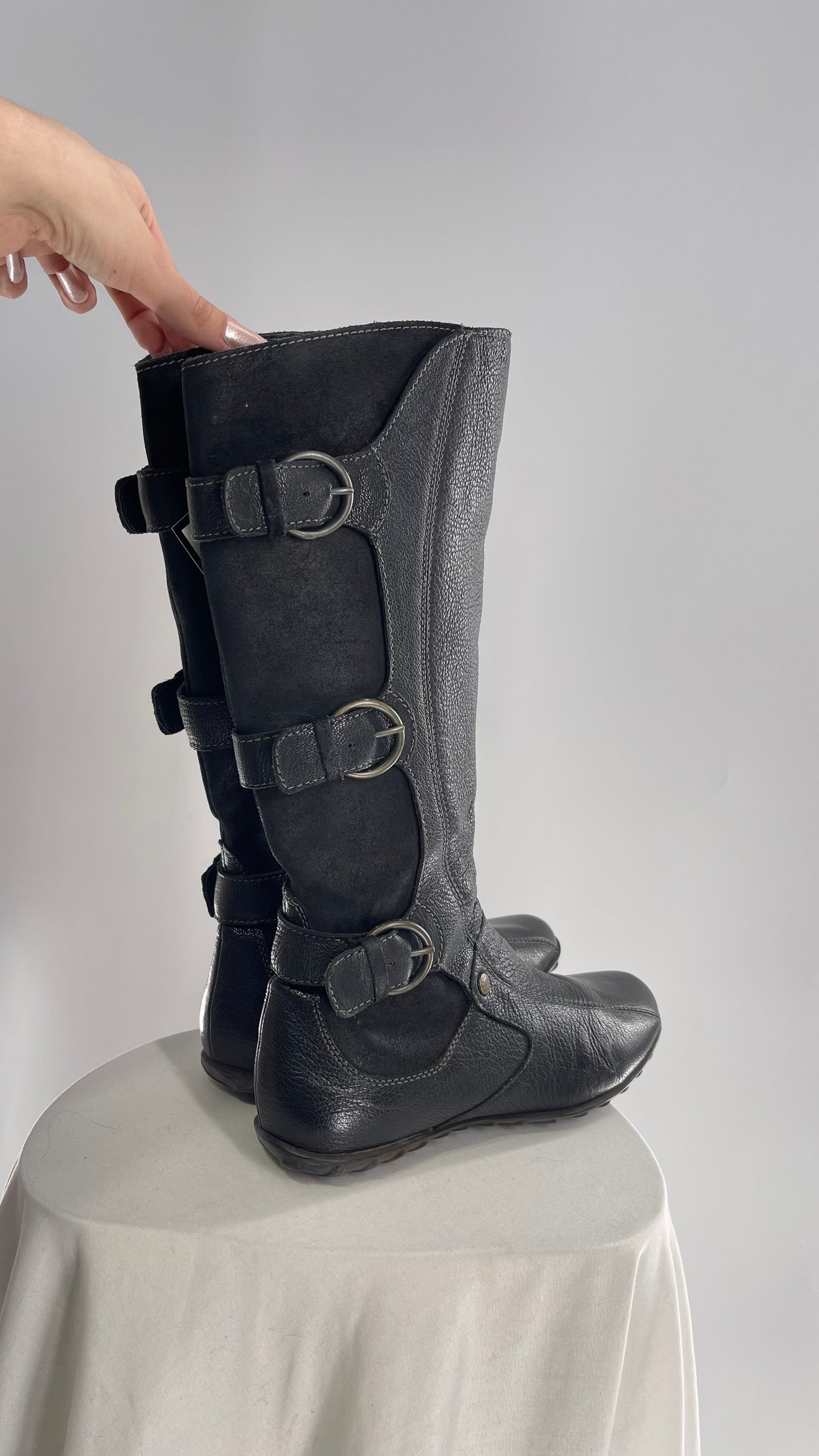GEOX Black Leather Buckle Knee High Boots
