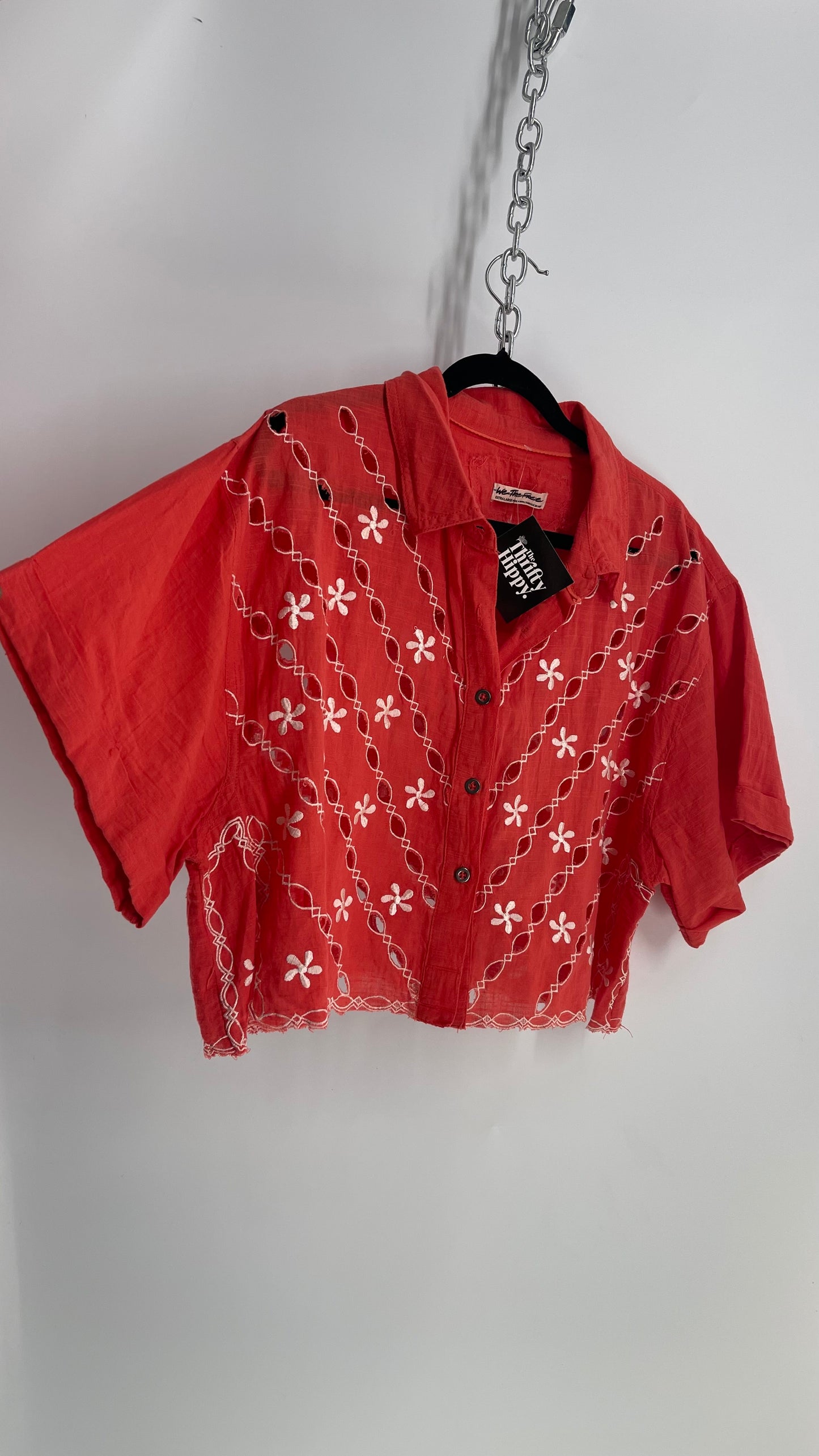 Free People Coral Top with White Eyelet Lace Embroidery (XS)