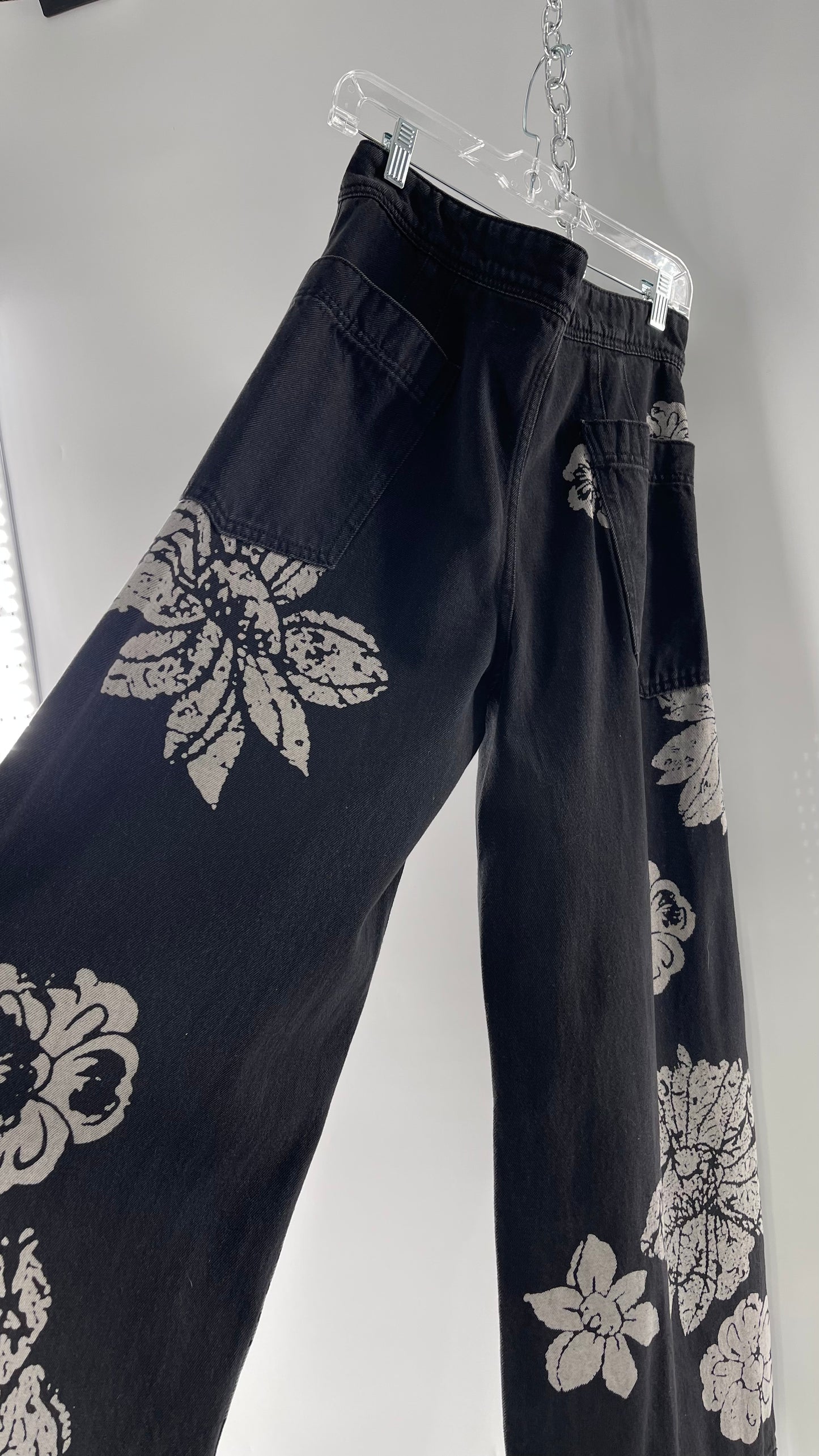 Free People Black Wide Leg Jeans with White Hibiscus Floral Design (29)