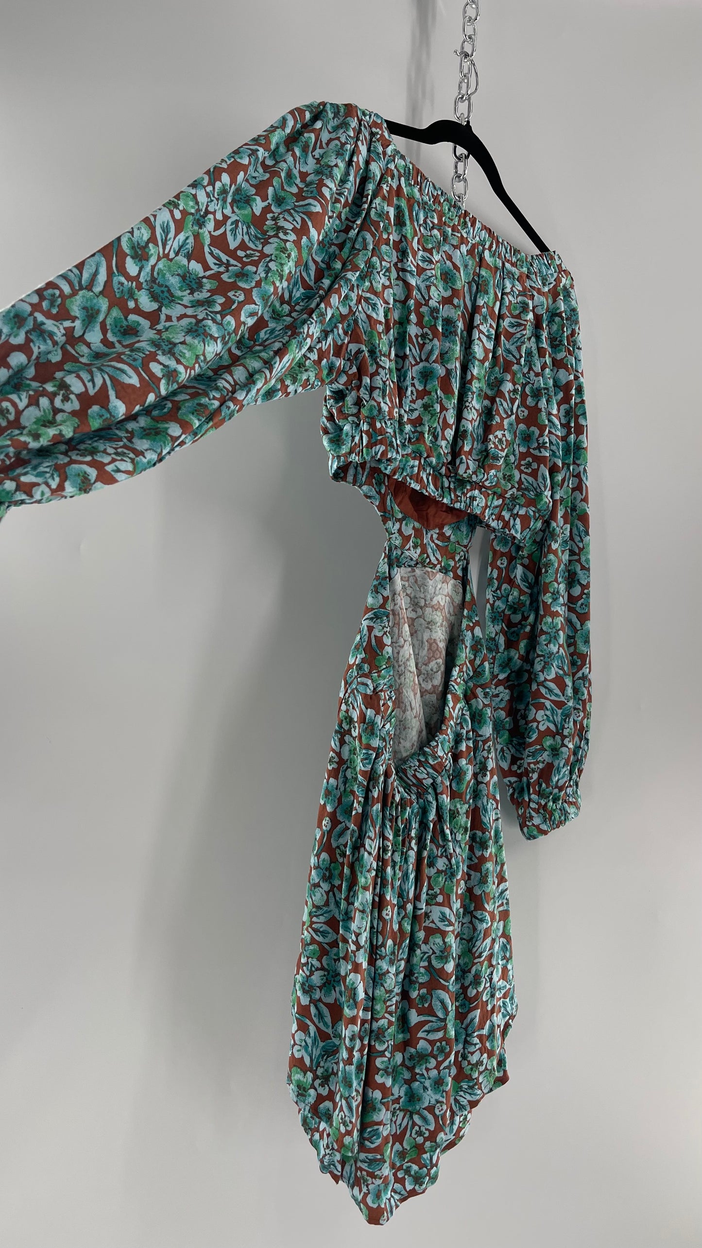 Free People Brown Cut Out Milkmaid Mini with Blue Florals (Medium)