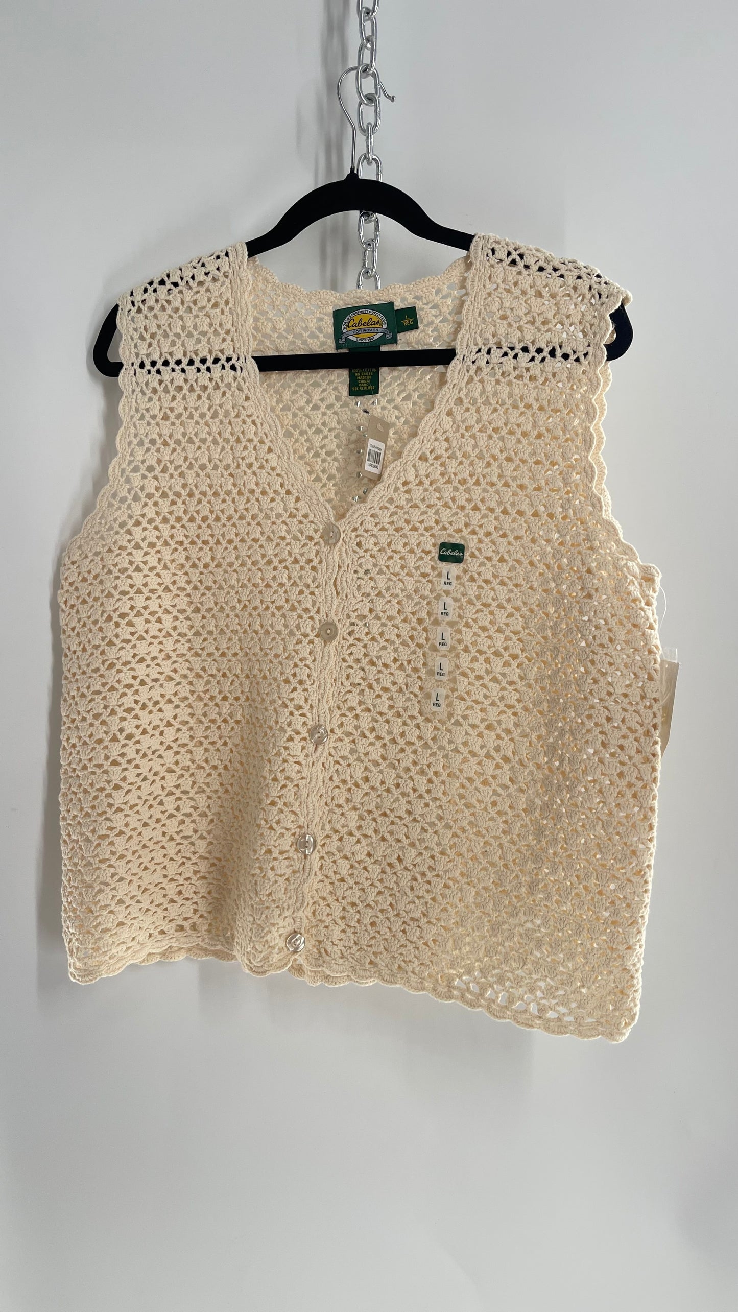 Deadstock Vintage Cabela’s Beige Crochet Knit Vest with Tags Attached (Large)