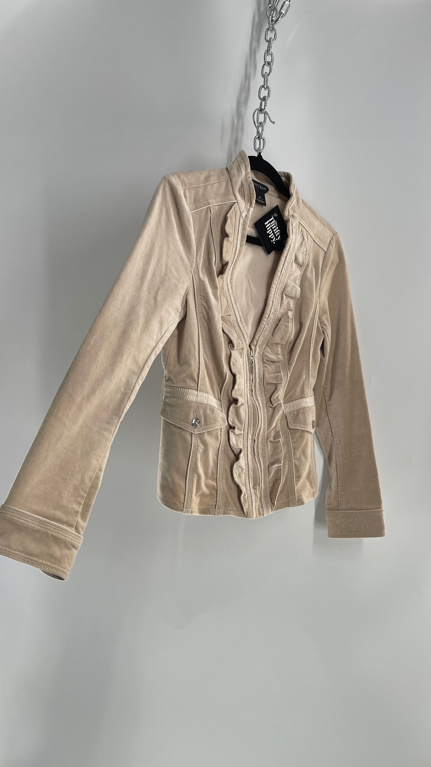 Vintage White House Black Market Ivory Velour Zip Front Ruffled Jacket Top (4)