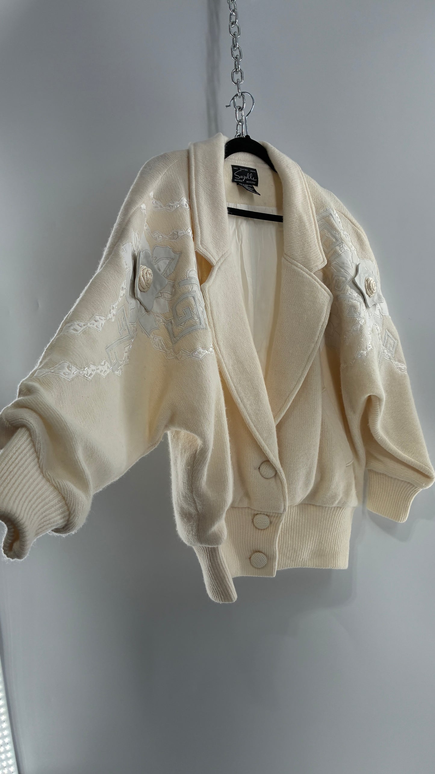 Vintage SUZELLE 70% Lambswool, 20% Angora Rabbit Off White Woven Bomber Jacket with Leather Flower Appliqués (Medium)