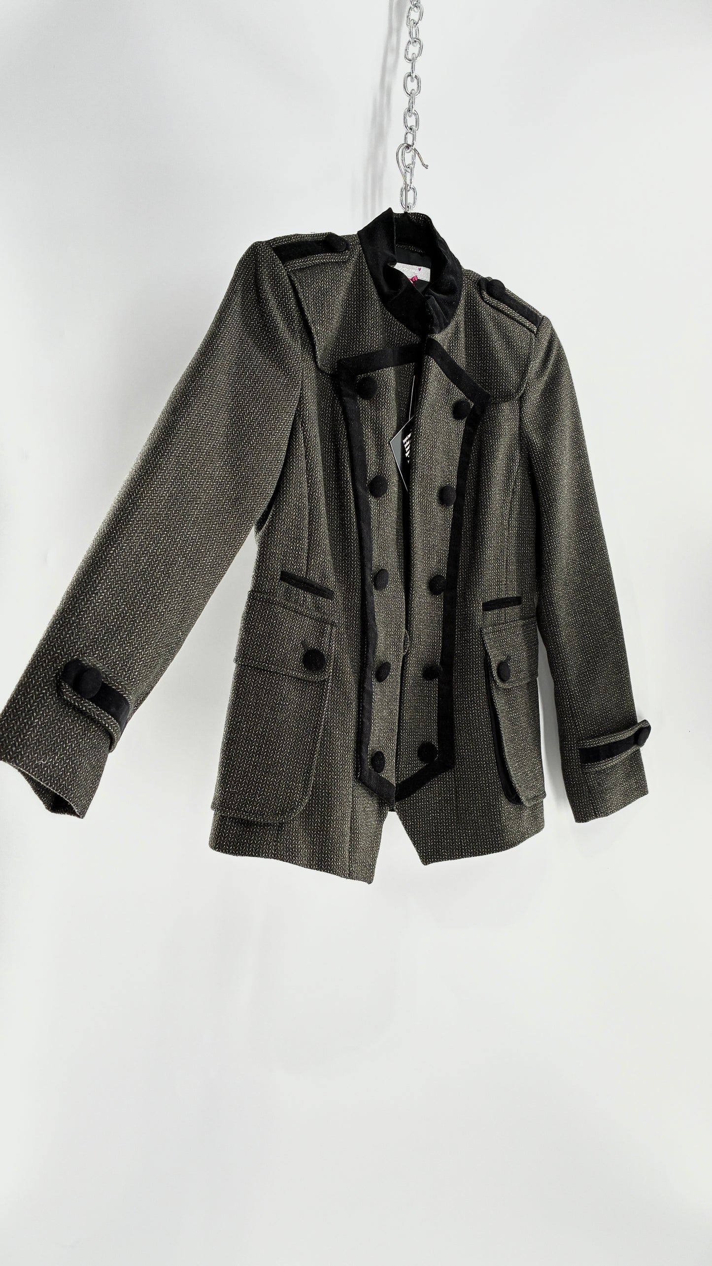 Deadstock Vintage PER UNA 41% Wool Grey Drummer Military Jacket with Black Velvet Piping and Tags Attached (12)