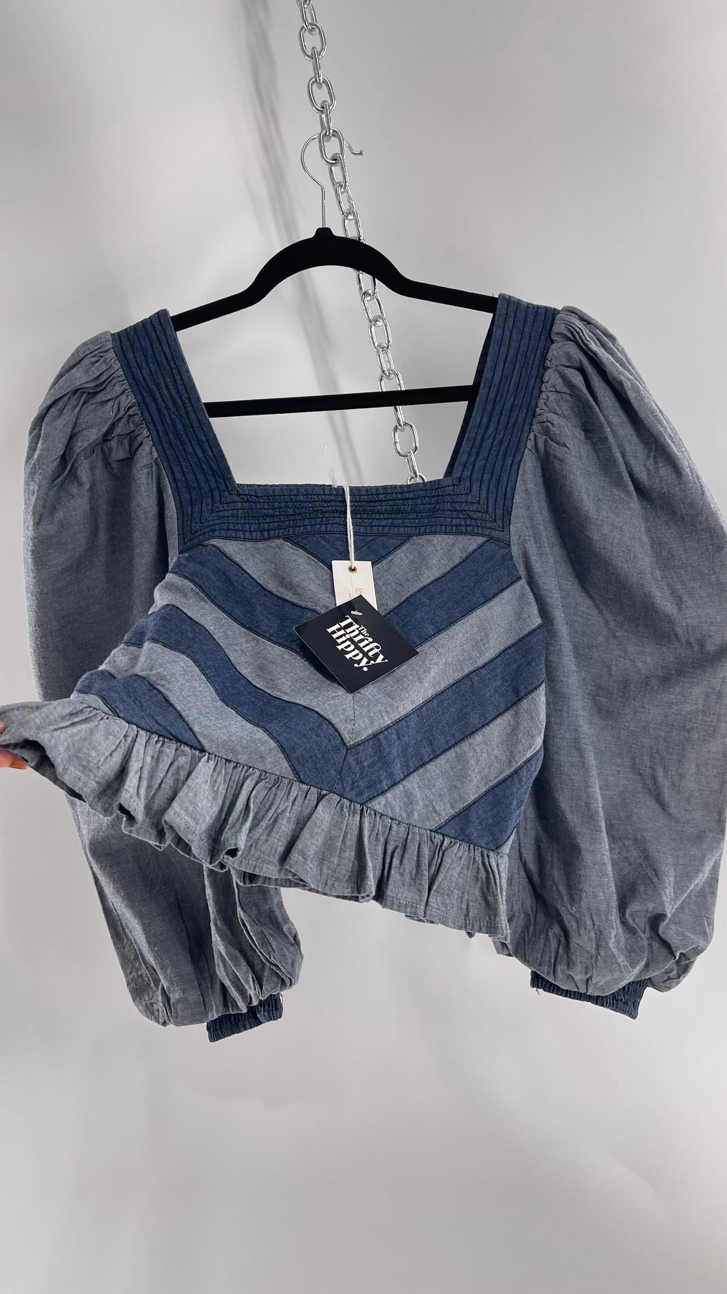 Love the Label ANTHROPOLOGIE Chambray, Chevron, Denim Smocked Blouse with Dramatic Sleeves and Tags Attached (Small)