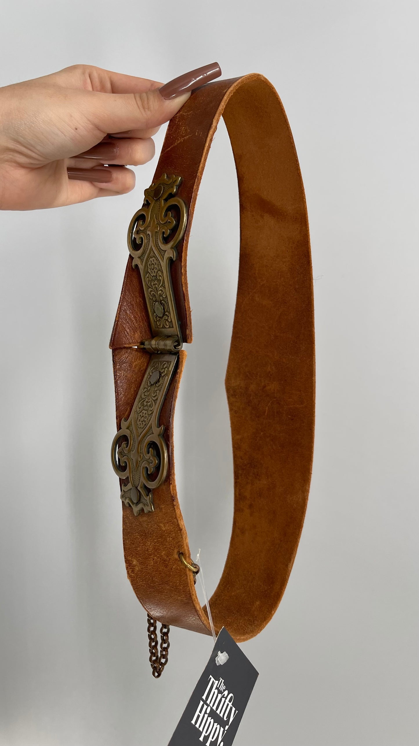 Vintage Antique Leather Waist Belt with Engraved Brass Brackets and Pin Closure (XS/S)